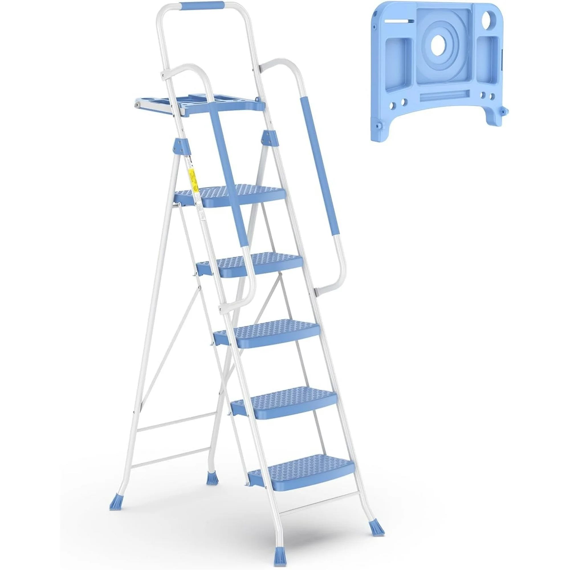 thumbnail video image 2 of HBTower Folding 5-Step Ladder with Handrails and Tool Tray, Anti-Slip Wide Pedals, Safety Ladder for Adults, Blue, 2 of 10