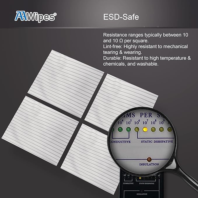 thumbnail video image 2 of AAWipes Disposable Electrostatic Wipes – 6x6 Grade A ESD Polyester Wiper, Electronic Static Towel, Toallitas para Corriente Estatica – 100 Pack, 2 of 9
