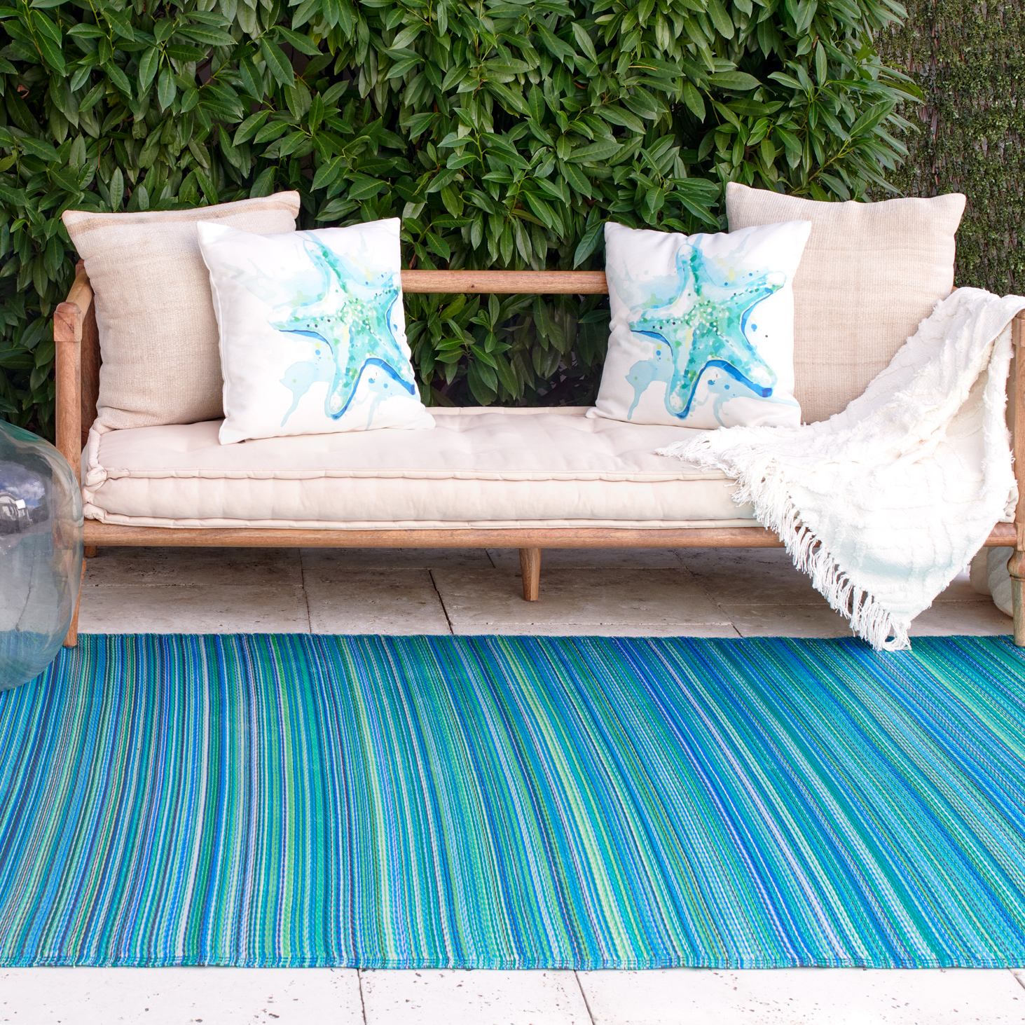 thumbnail video image 2 of Fab Habitat Outdoor Rug - Waterproof, Fade Resistant, Crease-Free - Premium Recycled Plastic - Striped - Porch, Deck, Balcony, Laundry Room, Patio - Cancun - Turquoise & Moss Green - 3 x 5 ft, 2 of 9