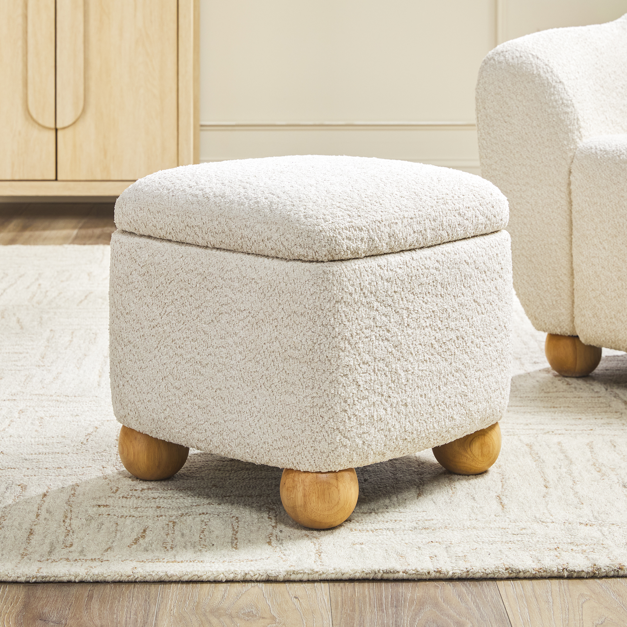 thumbnail video image 2 of Walker Edison Contemporary Bouclé Easy Assembly Small Storage Ottoman, Ivory, 2 of 15
