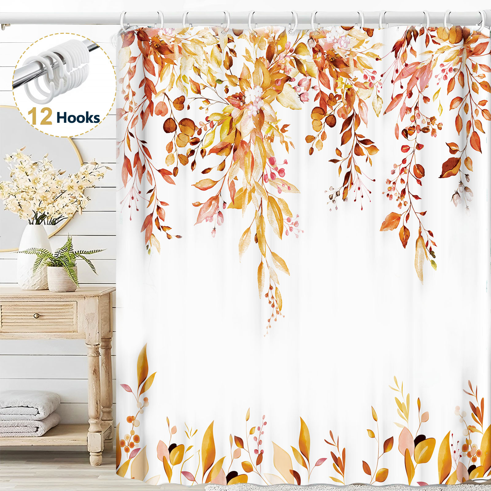 thumbnail video image 2 of Dznils Orange Eucalyptus Fabric Shower Curtain, Watercolor Floral Pattern with Hooks, 72" x 72", 2 of 10
