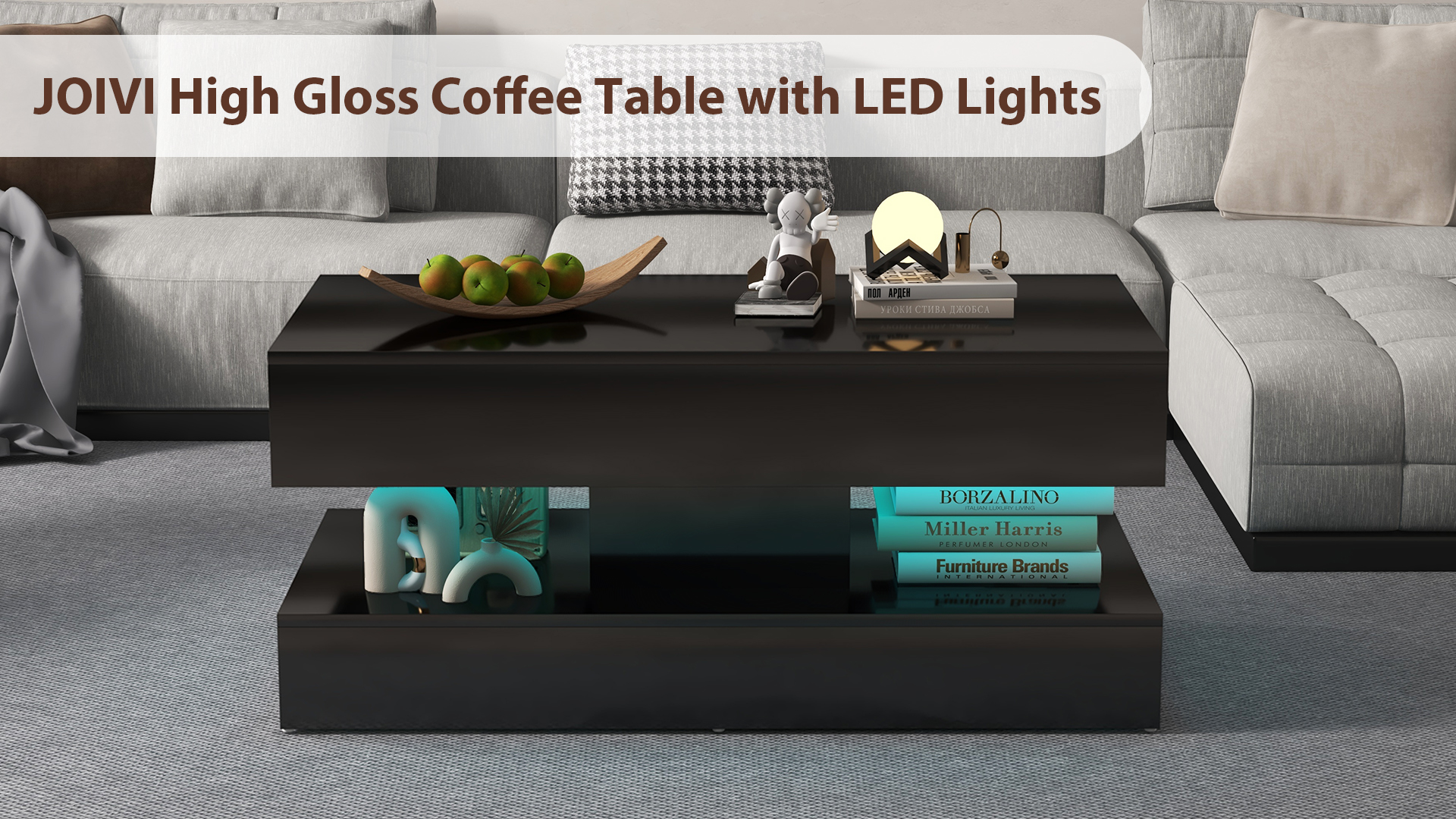 thumbnail video image 2 of JOIVI LED Coffee Table with 2 Storage Drawers, Modern High Gloss Coffee Table, 2 Tiers Rectangle Center Table, 16-Color LED Lights, Black, 2 of 9