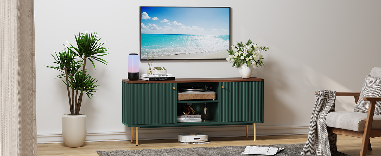 thumbnail video image 2 of HLR Modern Fluted 55" TV Stand for 65 Inch TV with Storage, Entertainment Center for Living Room, Black, 2 of 9