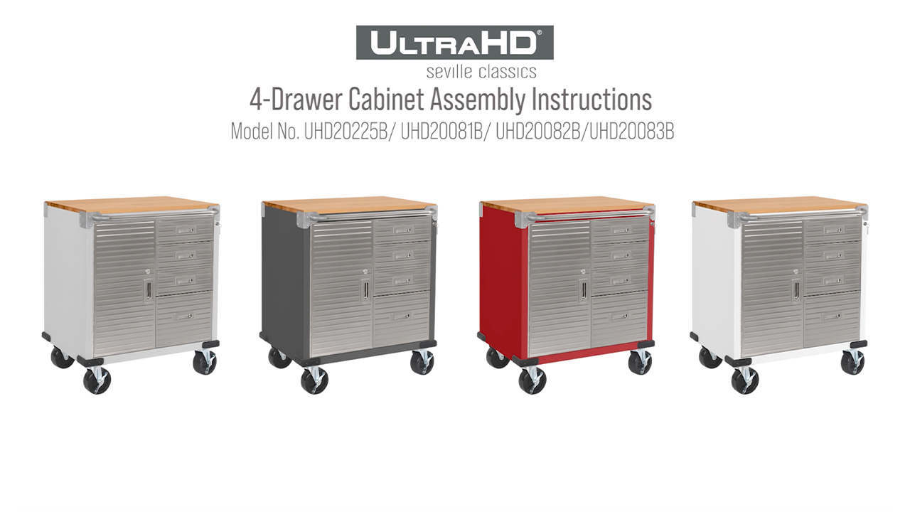 thumbnail video image 2 of Seville Classics UltraHD® Heavy Duty Rolling Cabinet Workbench Table w/ Solid Wood Top, Workstation for Garage, Office, Workshop, Red, 1-Door, 4-Drawer (28" W x 25" D), 2 of 14