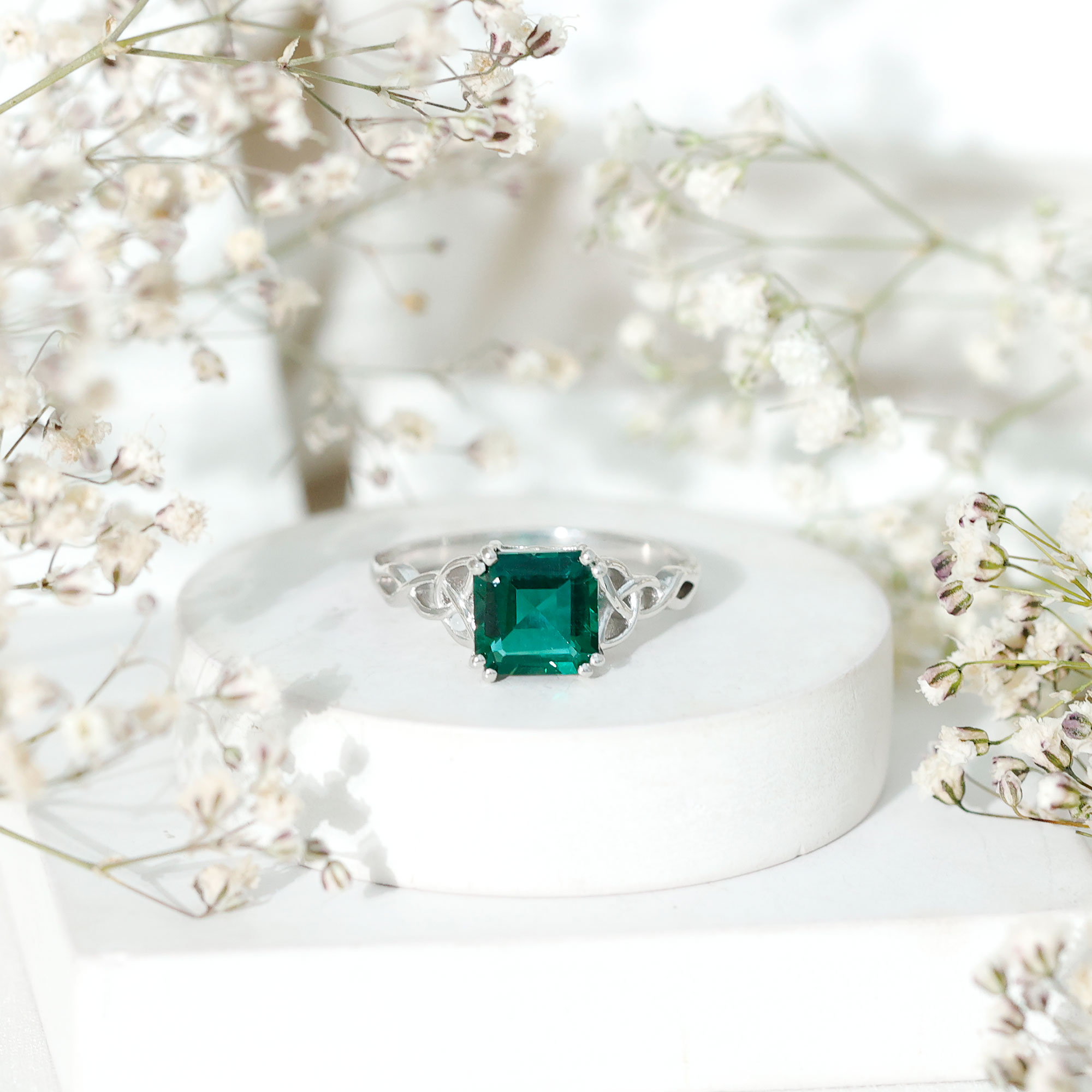 thumbnail video image 2 of Rosec Jewels Lab Grown Green Sapphire Asscher Cut Engagement Ring - Celtic Knot Ring - 8 mm - AAAA Quality Certified, 925 Sterling Silver, US 3.00, 2 of 9