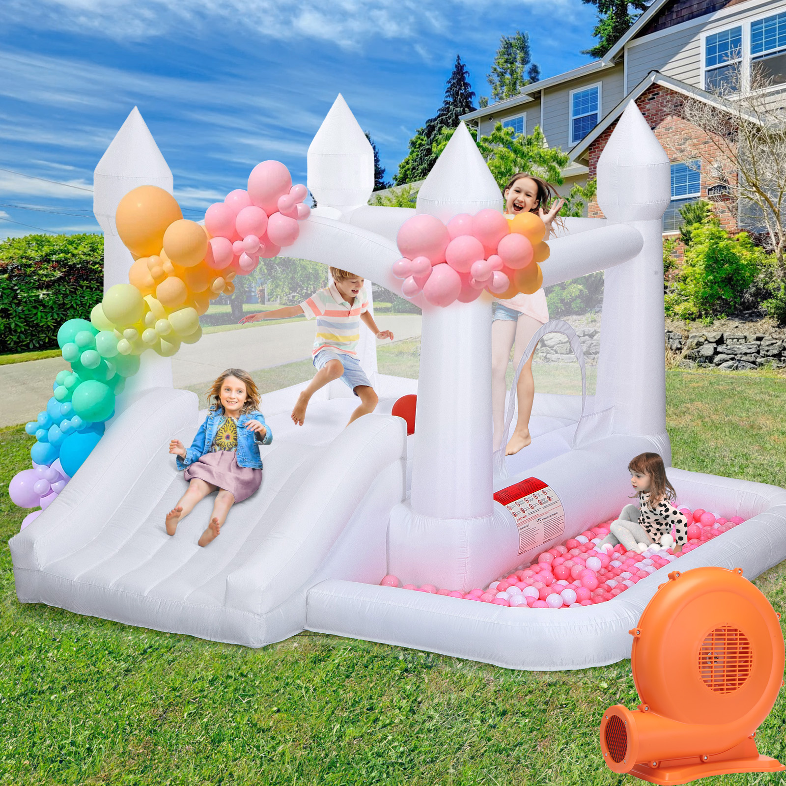 thumbnail video image 2 of Toiyjofe White Bounce House with 400W Blower, 10x10ft Inflatable Bouncer with Slide and Ball Pit for Kids 3-6, Indoor Outdoor Party Use, 2 of 11