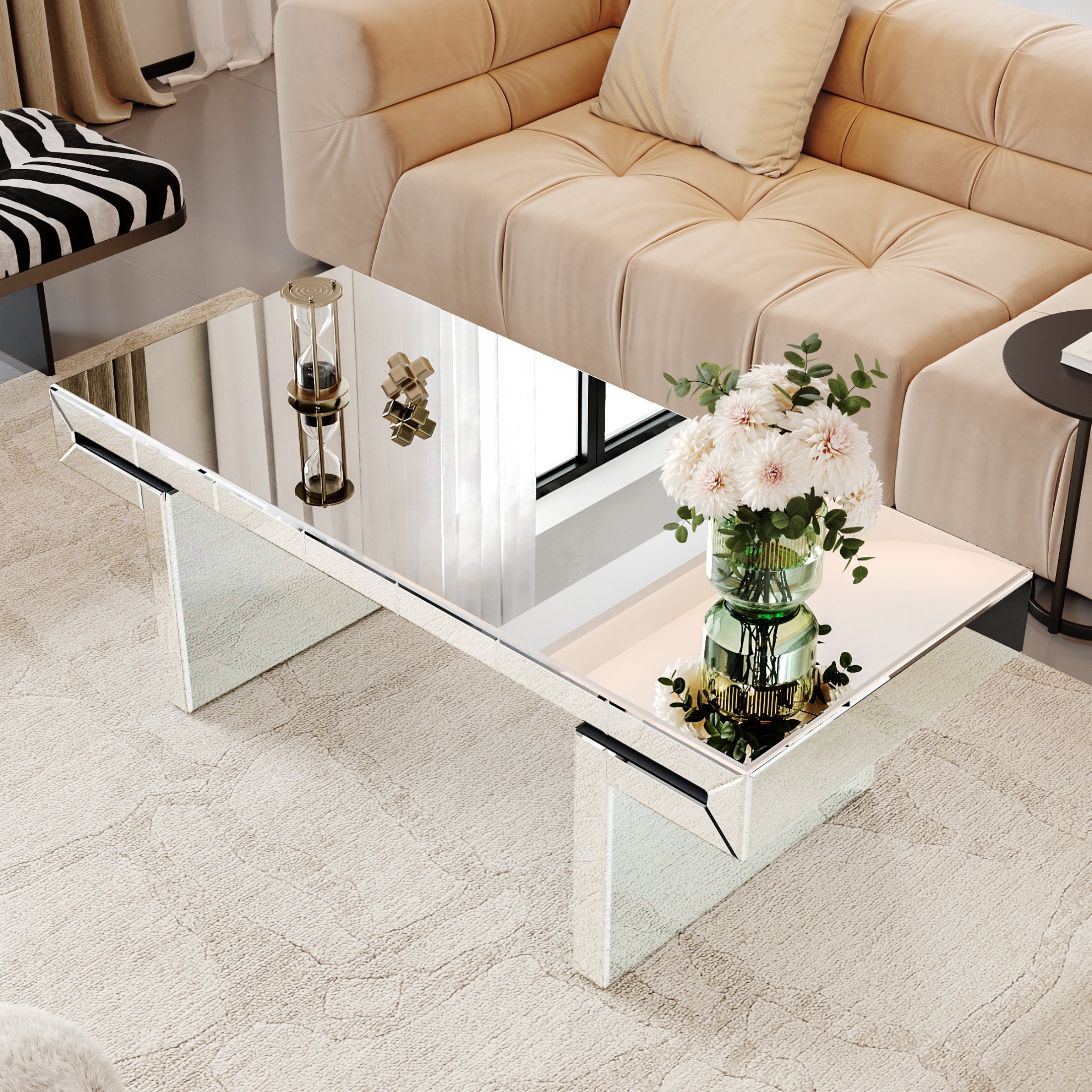 thumbnail video image 2 of Atumcto 47" Mirror Coffee Table with Mirror Crystal Board, Glass Rectangle End Table, Modern Sofa Side Table for Living Room Bedroom, 2 of 10