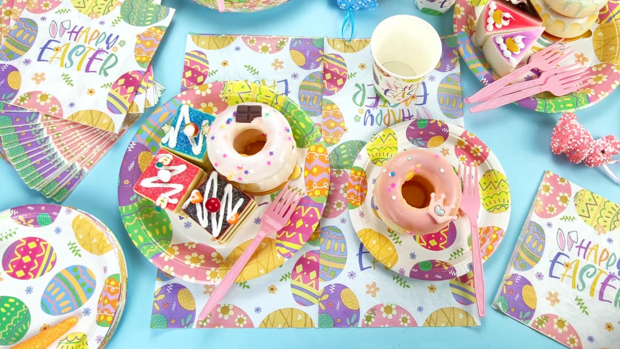 thumbnail video image 2 of 125Pcs Easter Paper Plates and Napkins Tableware Set Easter Party Supplies, Colorful Easter Eggs Pattern Disposable Dinnerware with Cups, Forks for Easter Spring Party Decorations (Serves 25 Guests), 2 of 8