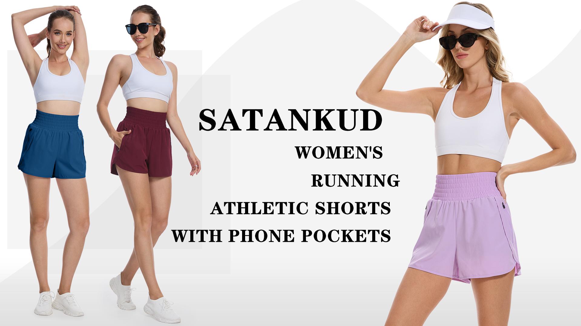 thumbnail video image 2 of Satankud Women's High Waisted Running Shorts Mesh Liner Quick Dry Athletic Gym Track Workout Shorts Zip Pocket Navy Blue Size S, 2 of 9