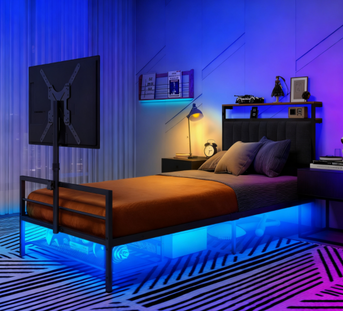 thumbnail video image 2 of LFGUIZO Twin Size Gaming Bed Frame with TV Mount and Charging Station, Black Metal Platform Bed with All-Around LED Lights and Underbed Storage with Vented Storage Shelf No Box Spring Needed, 2 of 8