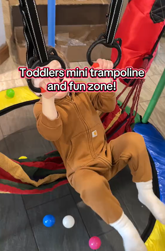 thumbnail video image 2 of Mini Trampoline for Kids with Basketball Hoop, SEGMART Indoor Outdoor Toddler Trampoline with Enclosure Net, Swing, Sandbag, Ring, Ocean Balls, Round Small Trampoline Gift for Boys Girls, Green, 2 of 11