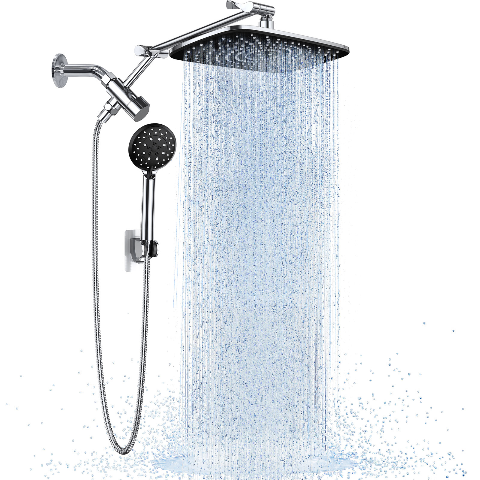 thumbnail video image 2 of Veken Wide Rain Shower Head with Handheld, High Pressure Rainfall Showerhead Combo with Arm for Bathroom Accessories, Home Decor, Detachable Dual Shower with Multi Modes Handheld Spray, Silver Chrome, 2 of 9