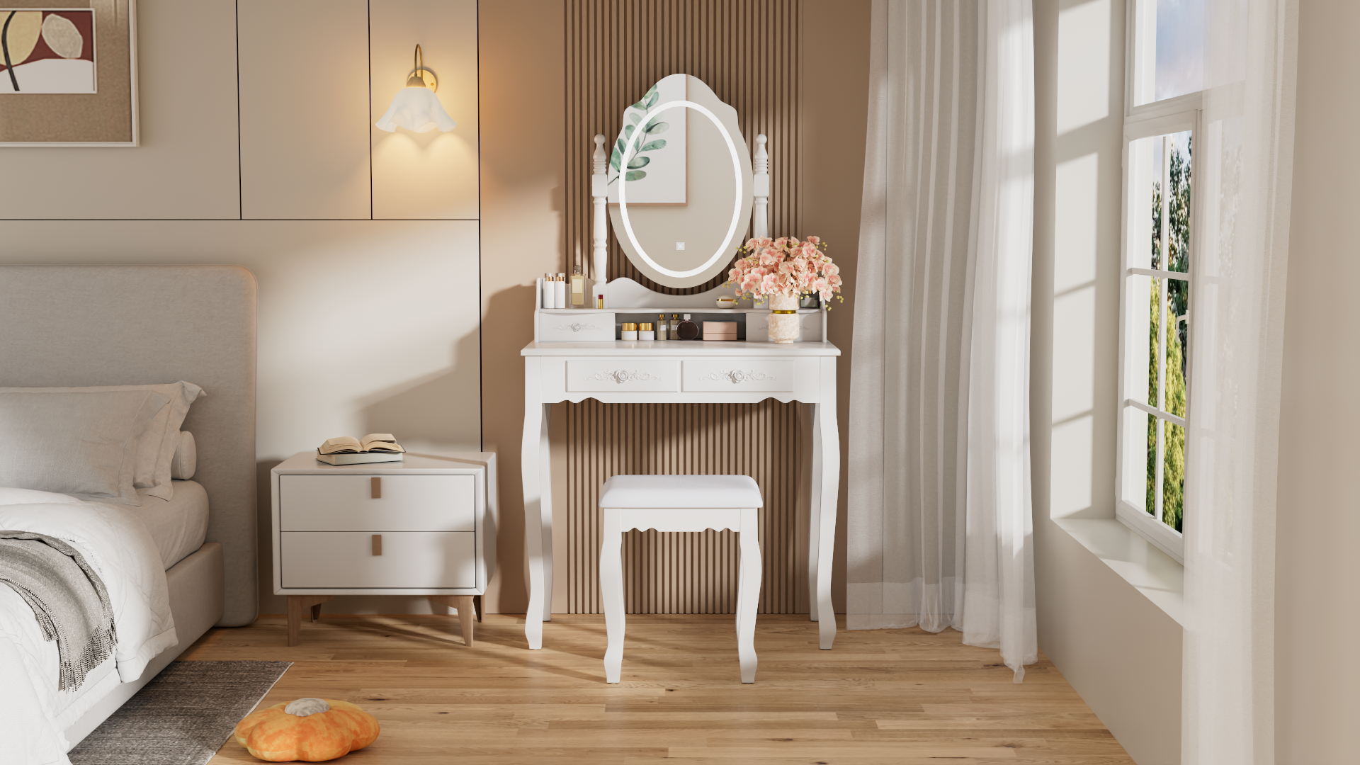 thumbnail video image 2 of Vanity Desk with Mirror and Lights, Modern Vanity Makeup Table and Cushioned Stool Set with 4 Drawers, 3 Color Lighting Modes with Adjustable Brightness, Dressing Table Set for Bedroom (Black), 2 of 10
