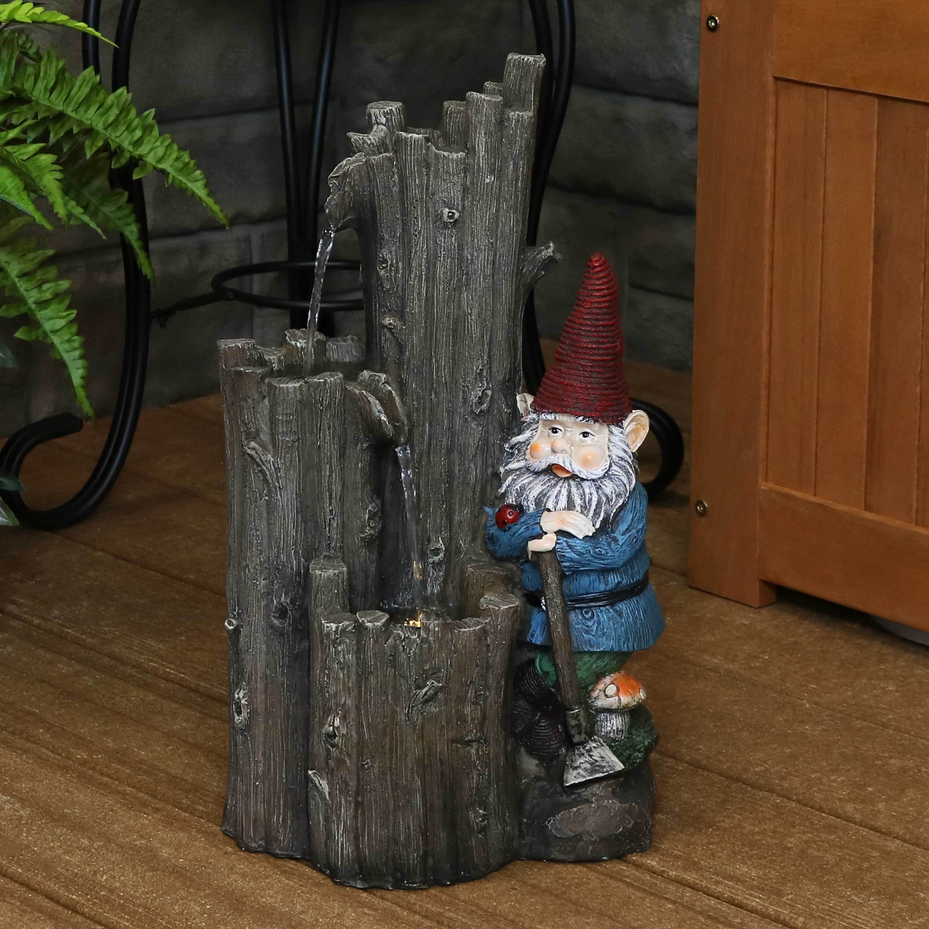 thumbnail video image 2 of Sunnydaze Resting Gnome Polyresin Outdoor Water Fountain with Lights, 2 of 7