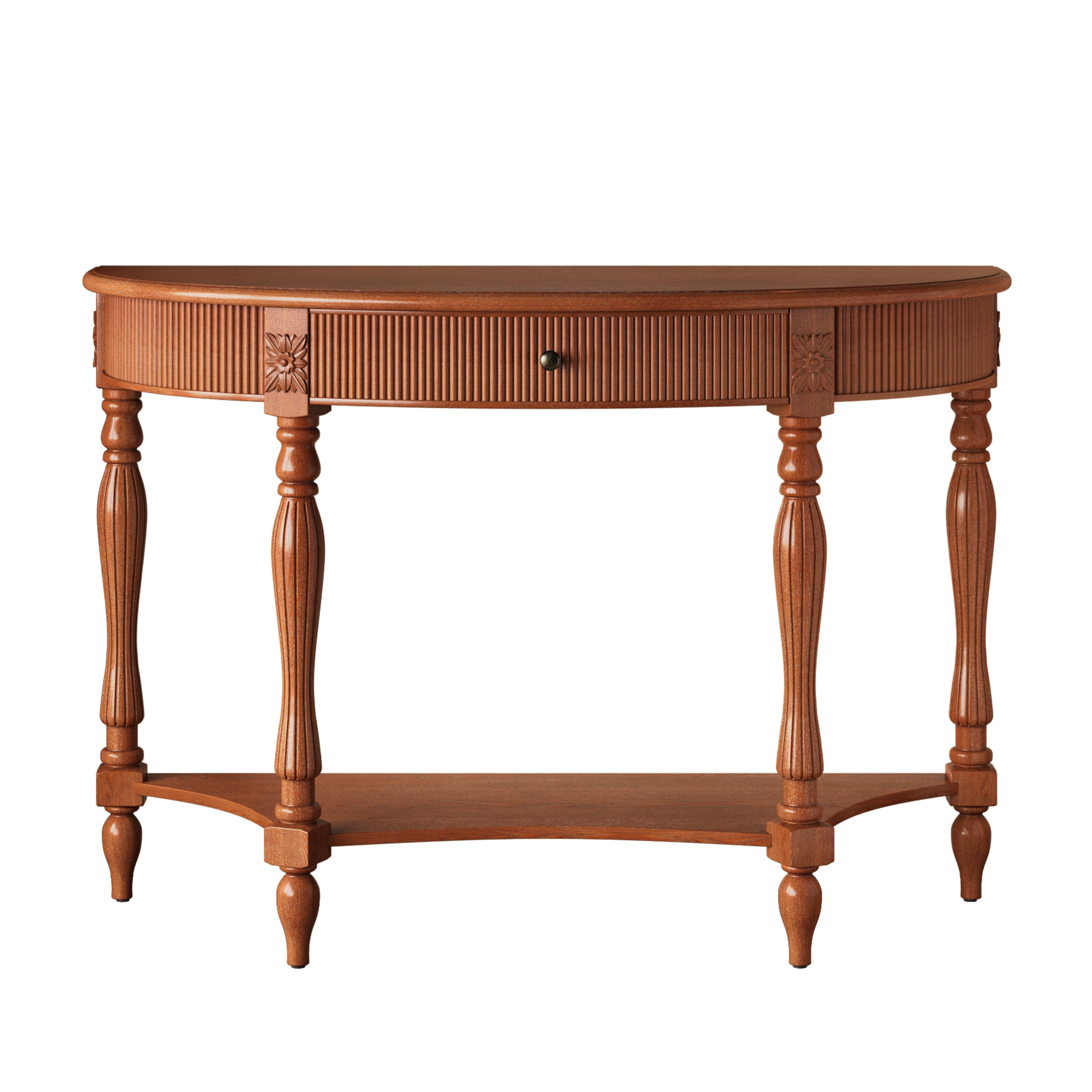 thumbnail video image 2 of Atumcto Half Moon Console Table with Drawer and Shelf, Fluted Entryway Sofa Table with Roman Column Legs for Hallway and Living Room, Walnut, 2 of 11