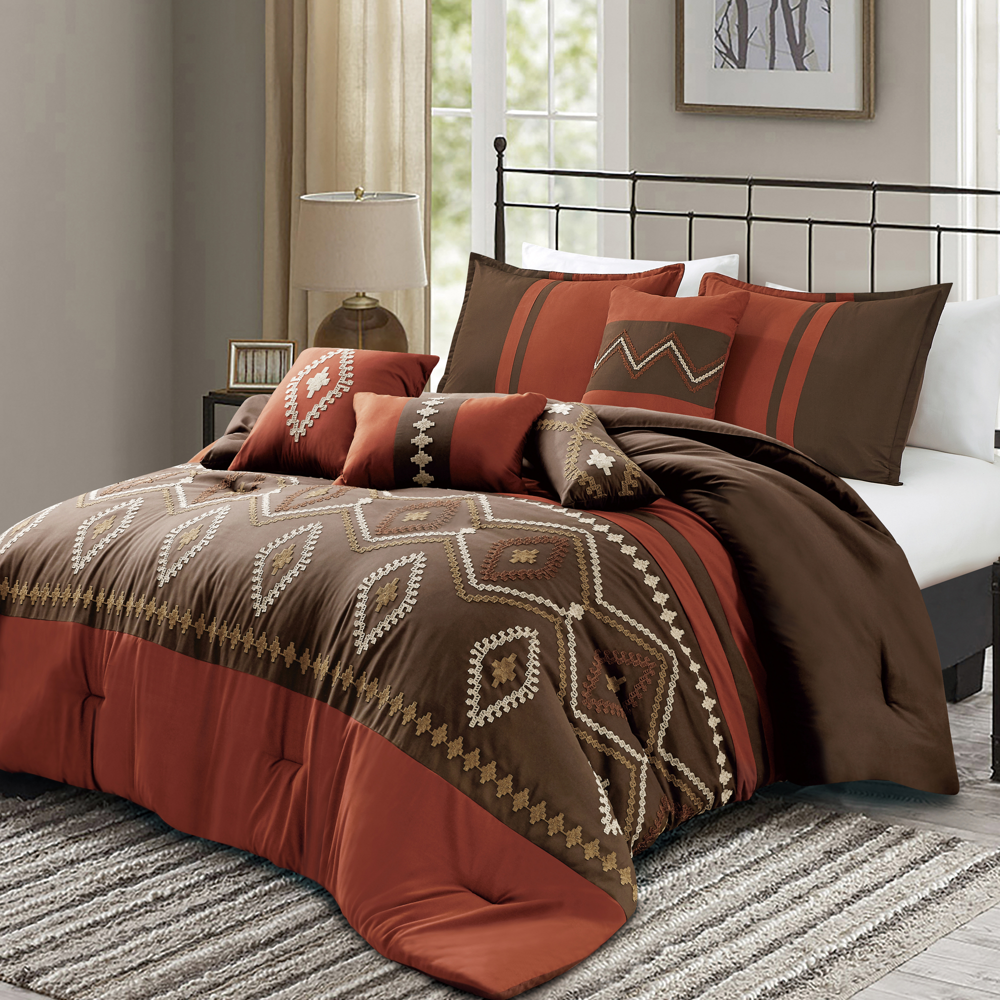 thumbnail video image 2 of 7-Piece Southwestern Comforter Set – Burnt Orange & Brown with Tribal Diamond Embroidery – Soft Microfiber Bedding with OEKO-TEX Certification (Chiriga, King), 2 of 7