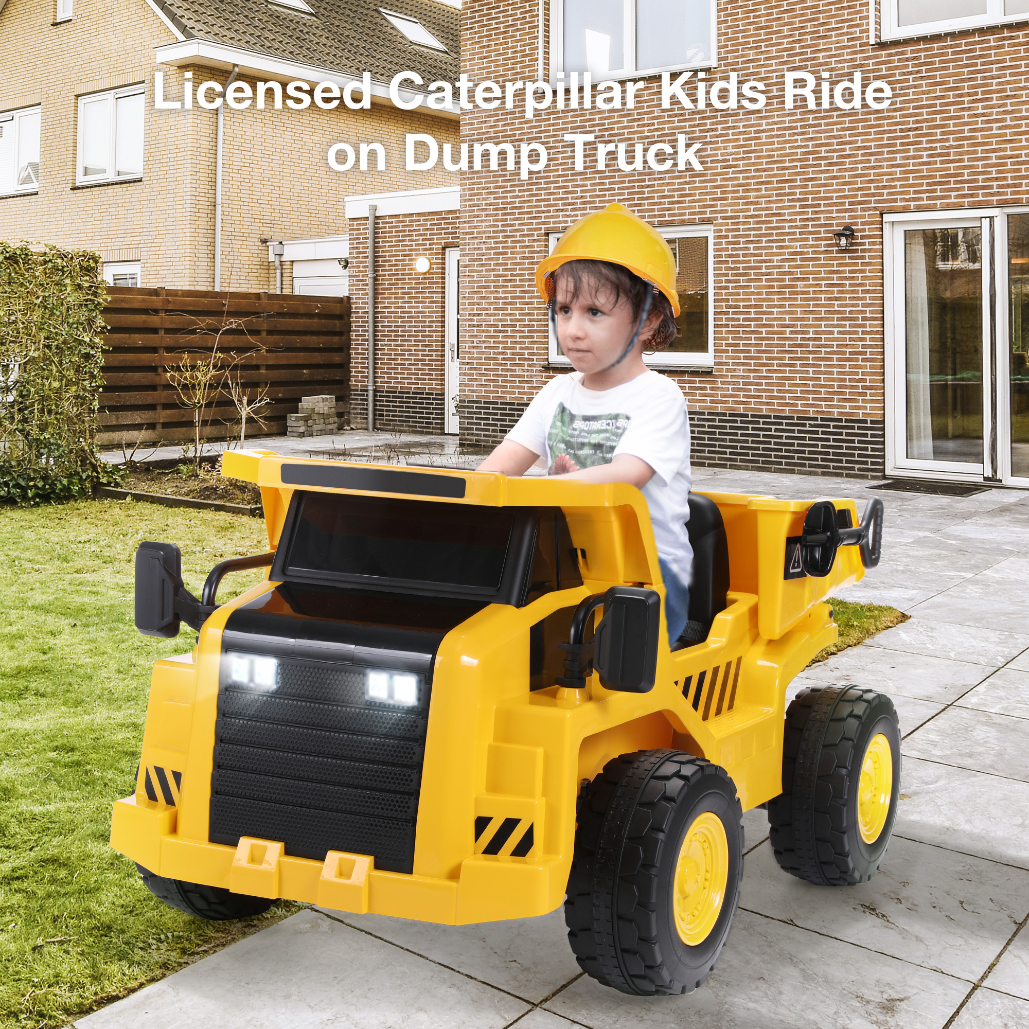 FUNTOK Licensed Caterpillar Kids Ride on Dump Truck 12V 7AH Electric Ride on Toy w Dump Bed Megaphone Battery Powered Car w Shovel Remote