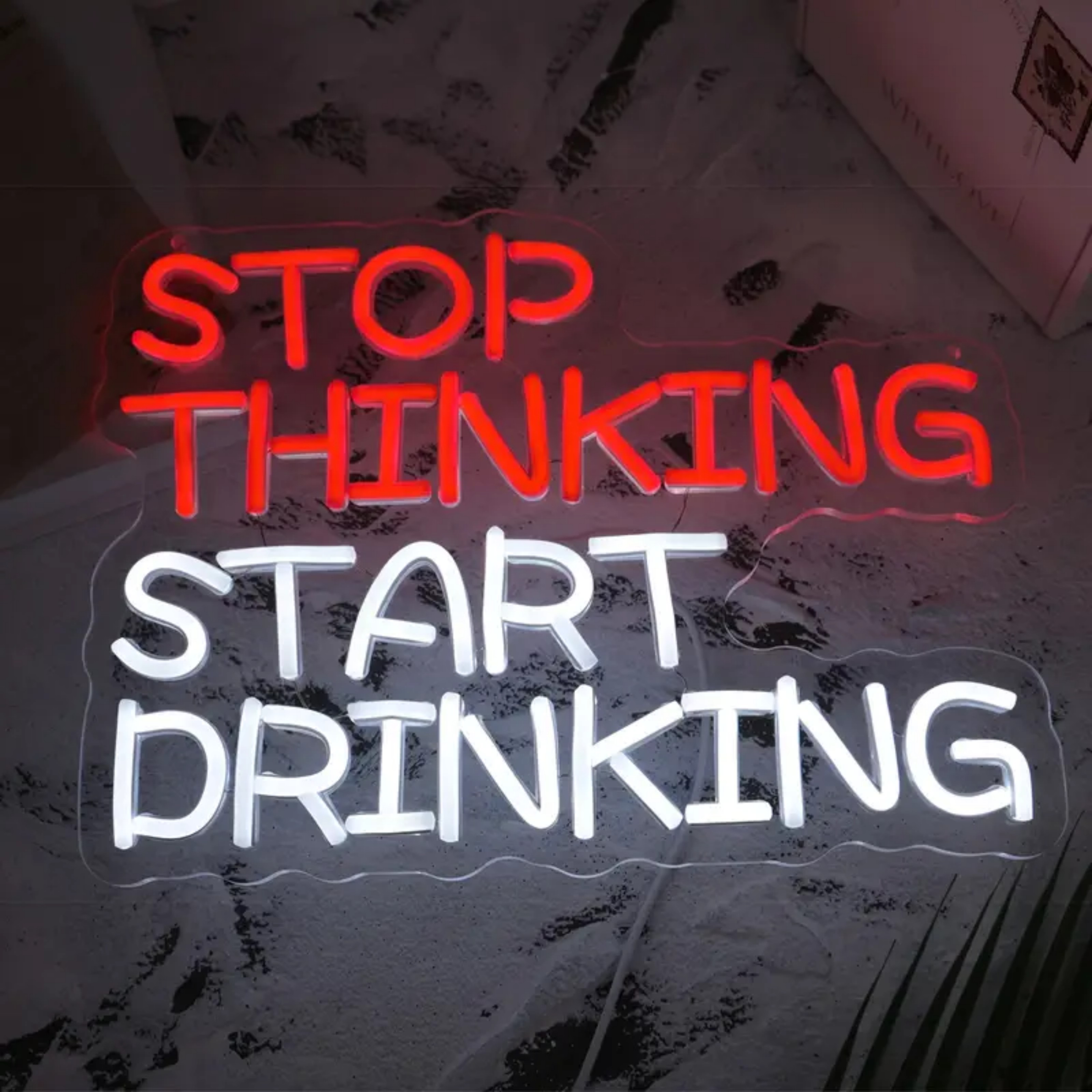 thumbnail video image 2 of UPONRAY Stop Thinking, Start Drinking Neon Signs, 13.8"*10.2" Dimmable & USB-Powered LED Neon Light, Stylish Wall Decor for Bar, Party, Restaurant, Living Room, Man Cave, 2 of 9