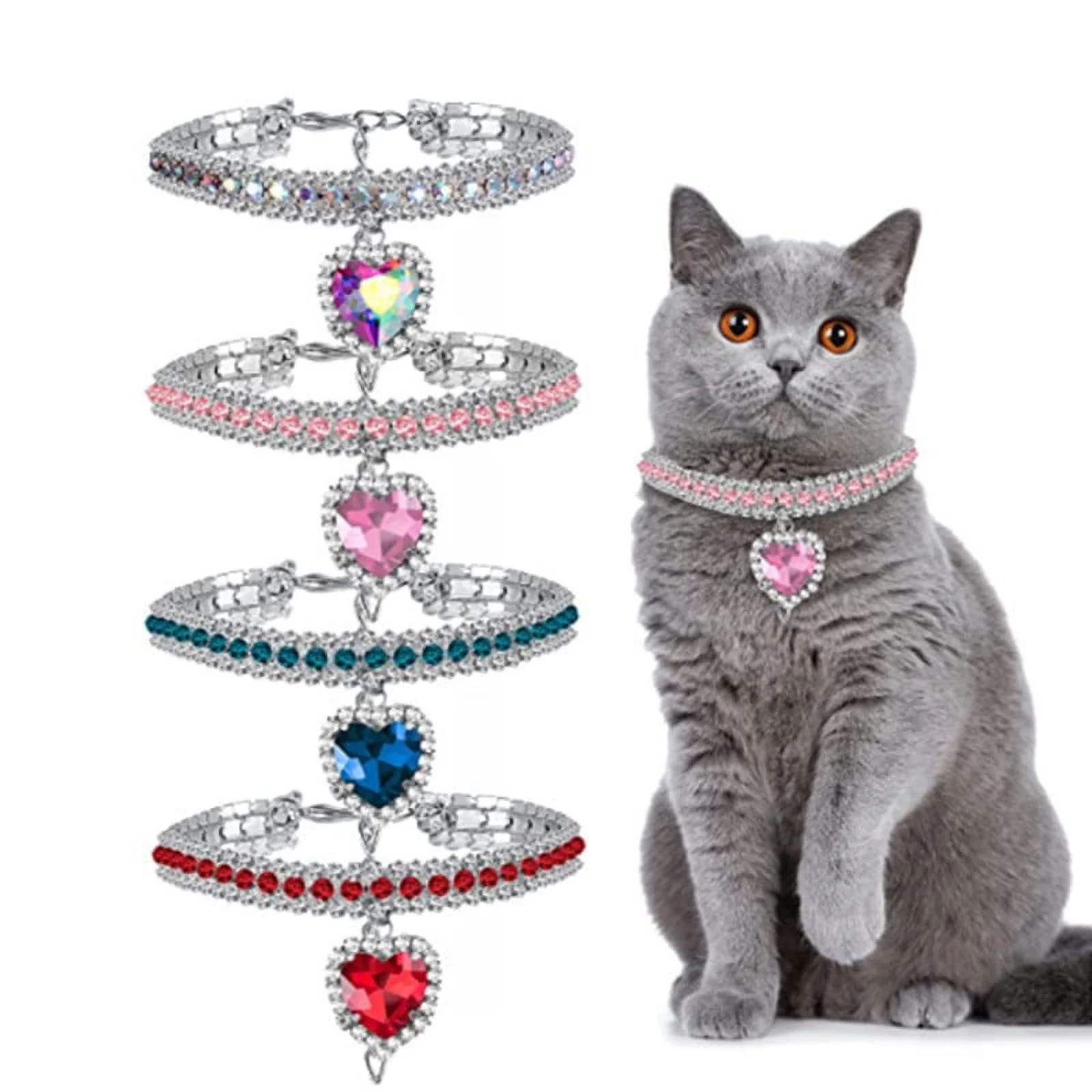 thumbnail video image 2 of Crystal Gem Pet Necklace, Rhinestone Heart Pendant Dog Cat Collar for Daily Wear, Multiple Sizes, 2 of 7