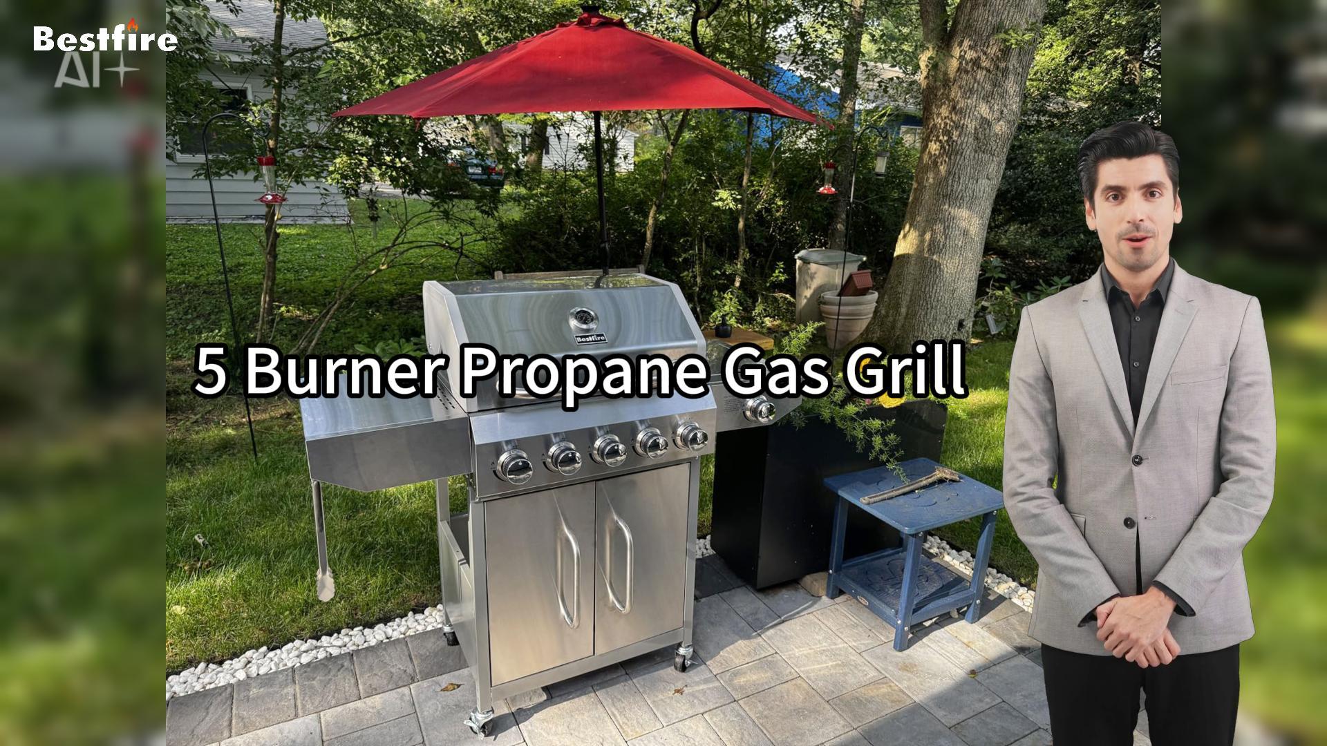 thumbnail video image 2 of Bestfire 5 Burner Propane Gas Grill with Side Burner,Stainless Steel BBQ Grill & Porcelain-Enameled Cast Iron Grates,58,000 BTU Cabinet-Style Cart Design for Outdoor Backyard Cooking,Garden and Patio, 2 of 7