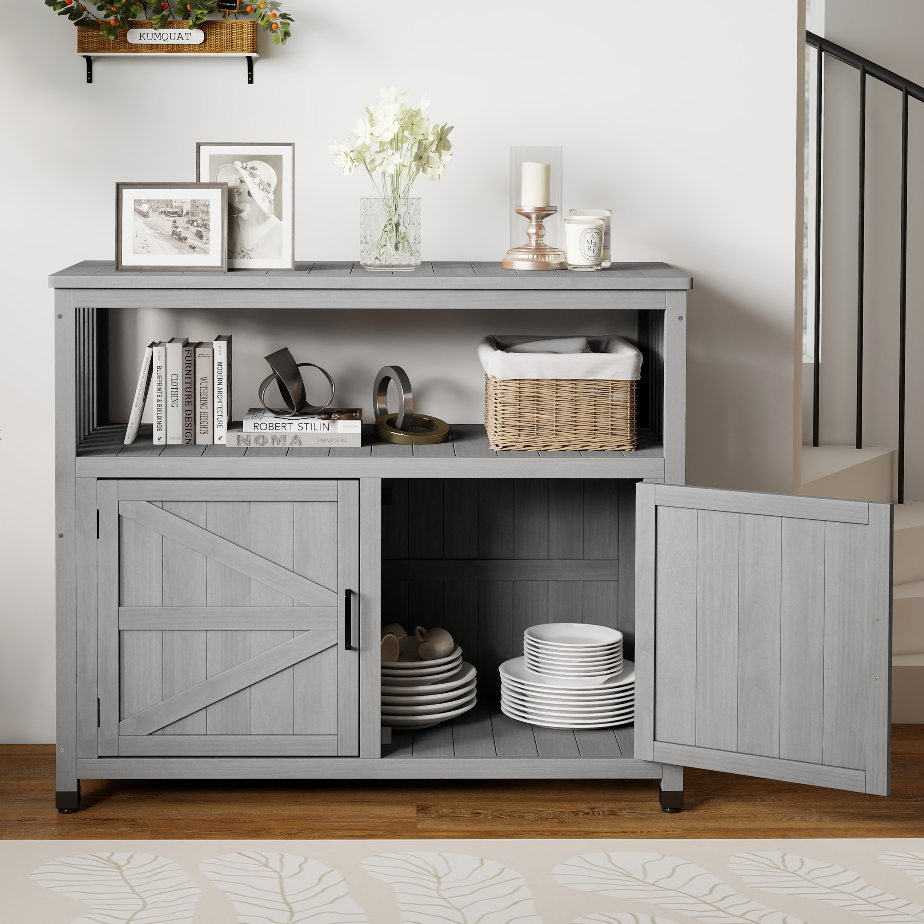 thumbnail video image 2 of MEDERLO Wooden Patio Bar Table Set with Storage, Buffet Cabinet Sideboard for Outdoor and Indoor, 2 of 8