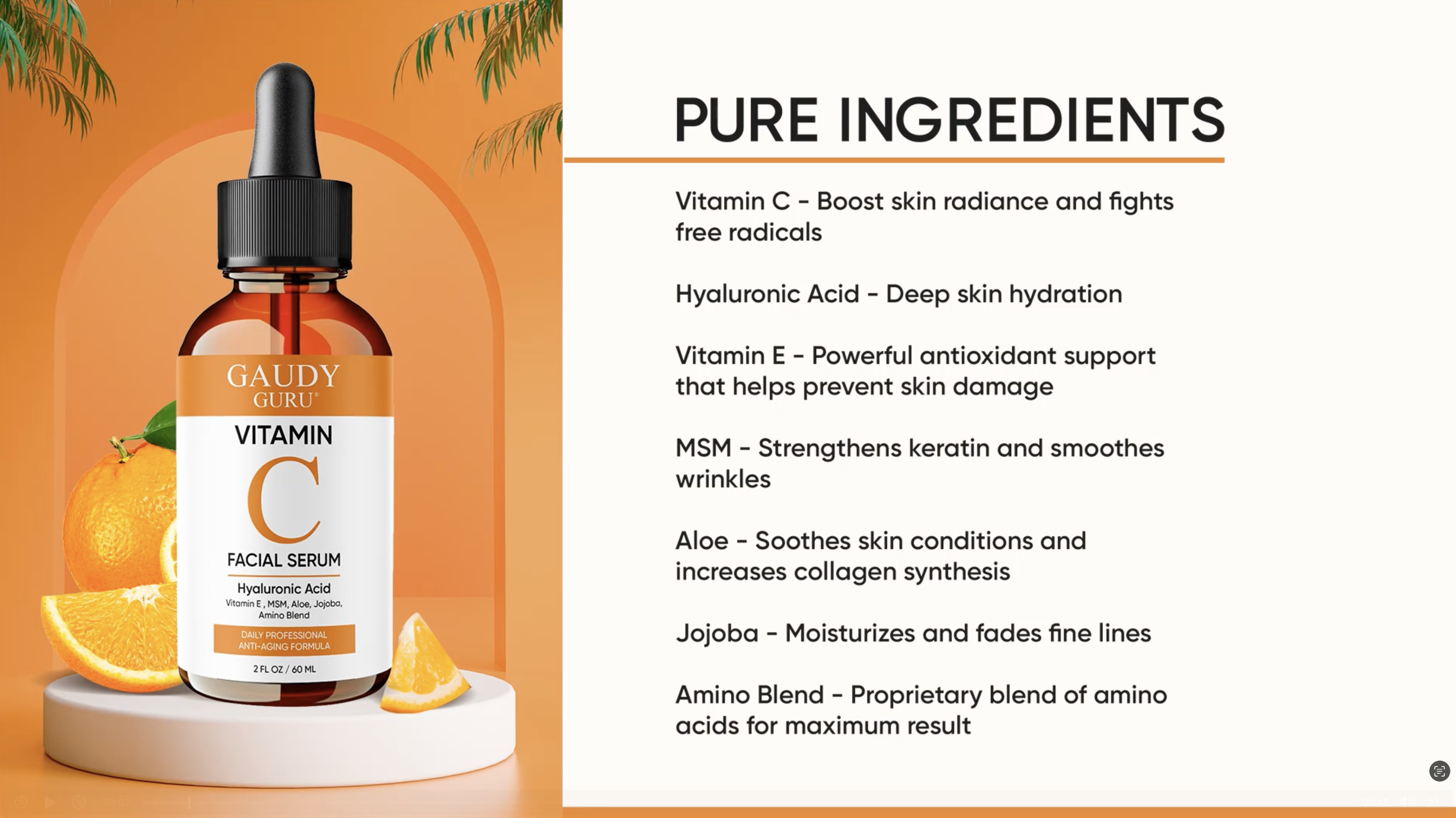 thumbnail video image 2 of 100% PURE VITAMIN C SERUM FOR FACE, Anti Aging Serum with Hyaluronic Acid, Vitamin E, MSM, Aloe Vera, Jojoba Oil, Amino Blend, Hydrating Serum for Dark Spots, Fine Lines, Wrinkles, Skin Repair (2 OZ), 2 of 8