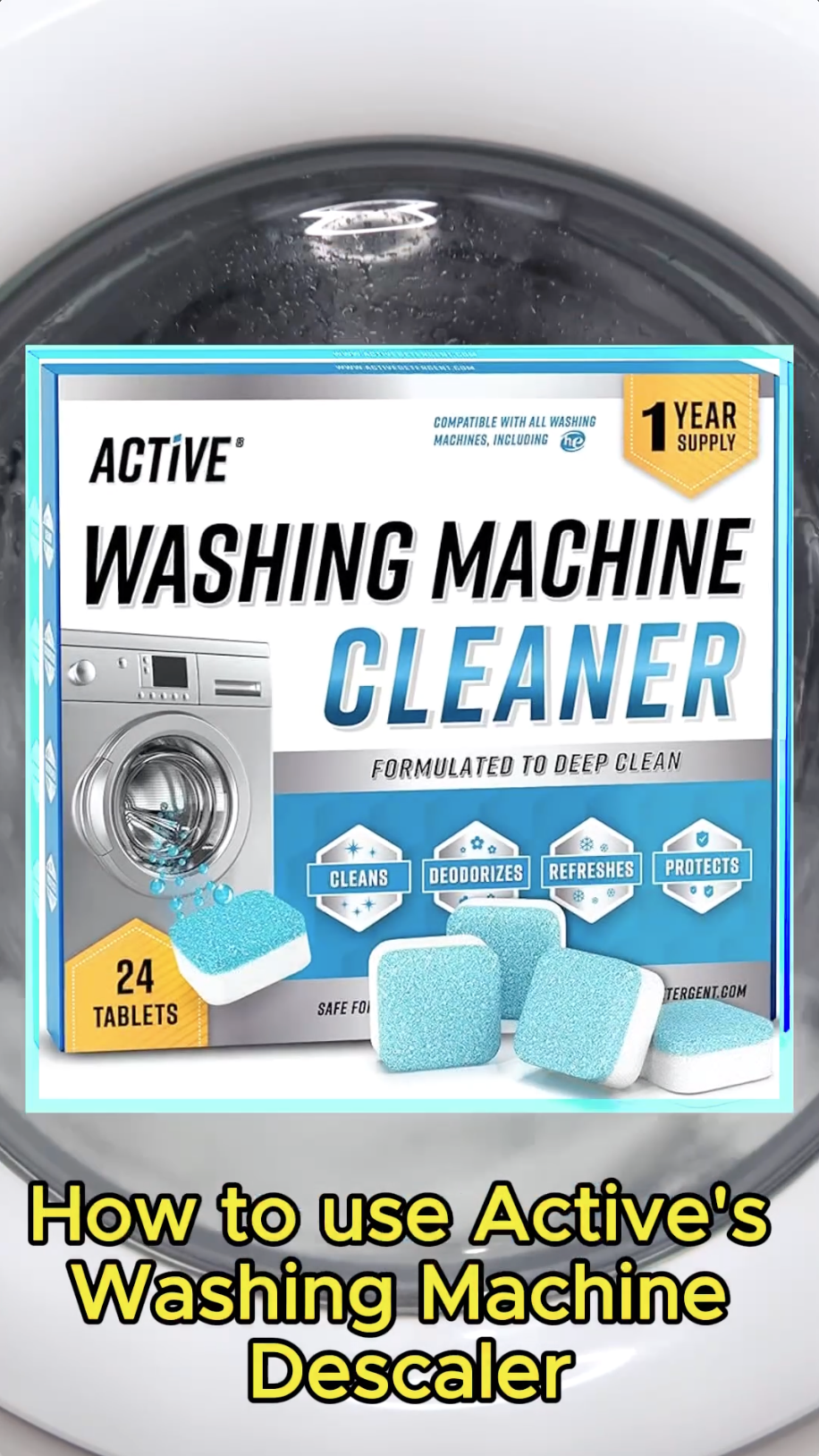 thumbnail video image 2 of Active Washing Machine Cleaner and Descaler Tablets for HE Front and Top Loaders, 24 Count, 2 of 7