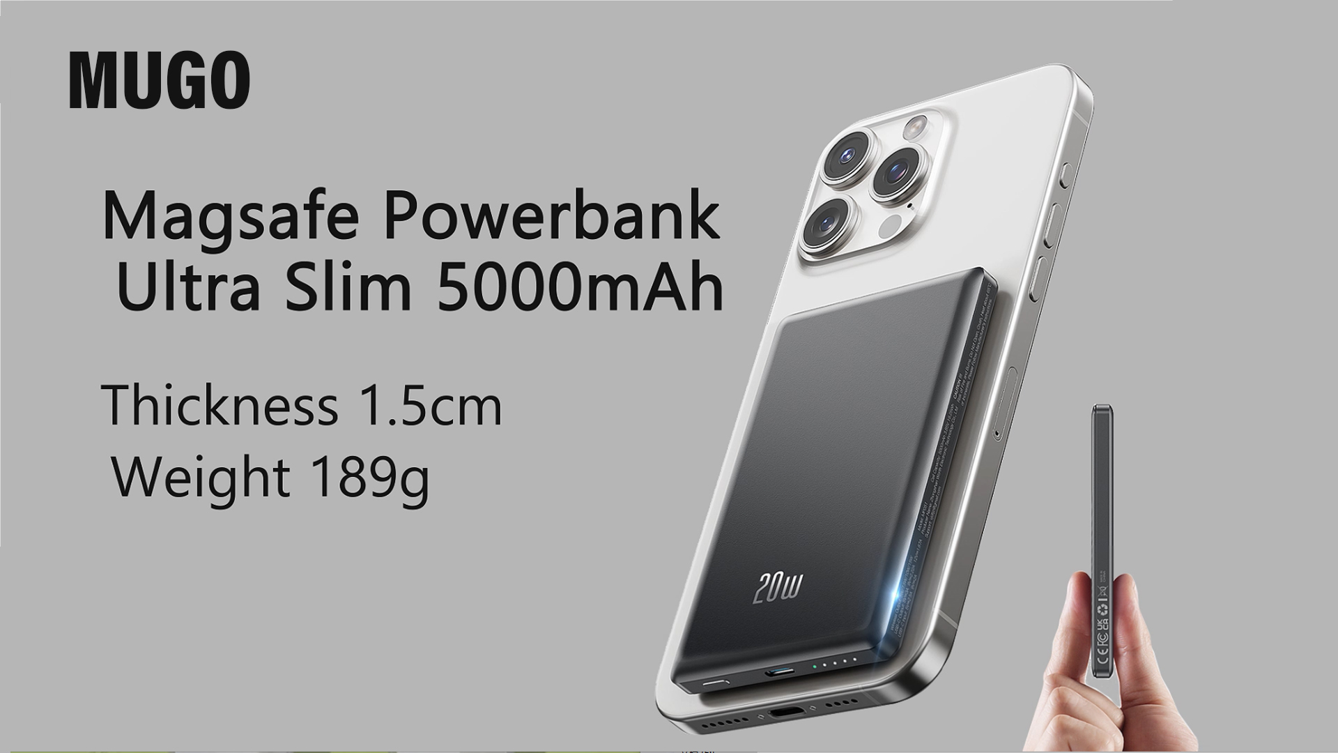 thumbnail video image 2 of MUGO Magsafe Portable Charger, Ultra Slim 5000mAh Magnetic Wireless Portable Charger, Compatible with iPhone 17/16/15/14/13 Pro Max Pro Plus, with Type-C Cable 20W PD Fast Charging, Black, 2 of 8