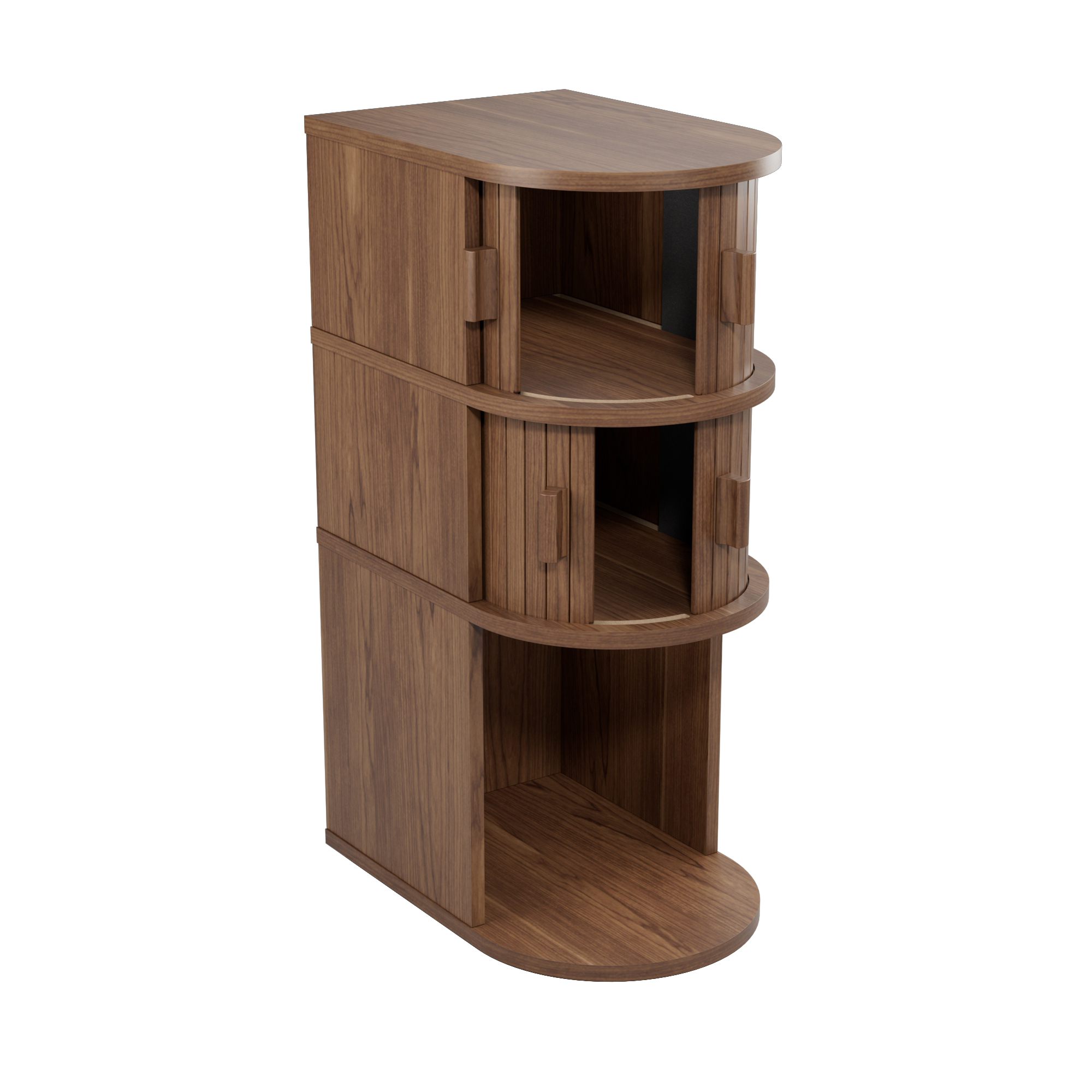 thumbnail video image 2 of Fluted Narrow Nightstands with Sliding Tambour Doors, 3-Tier Slim Bedside Table with Open Shelf for Small Space, Walnut, 2 of 8