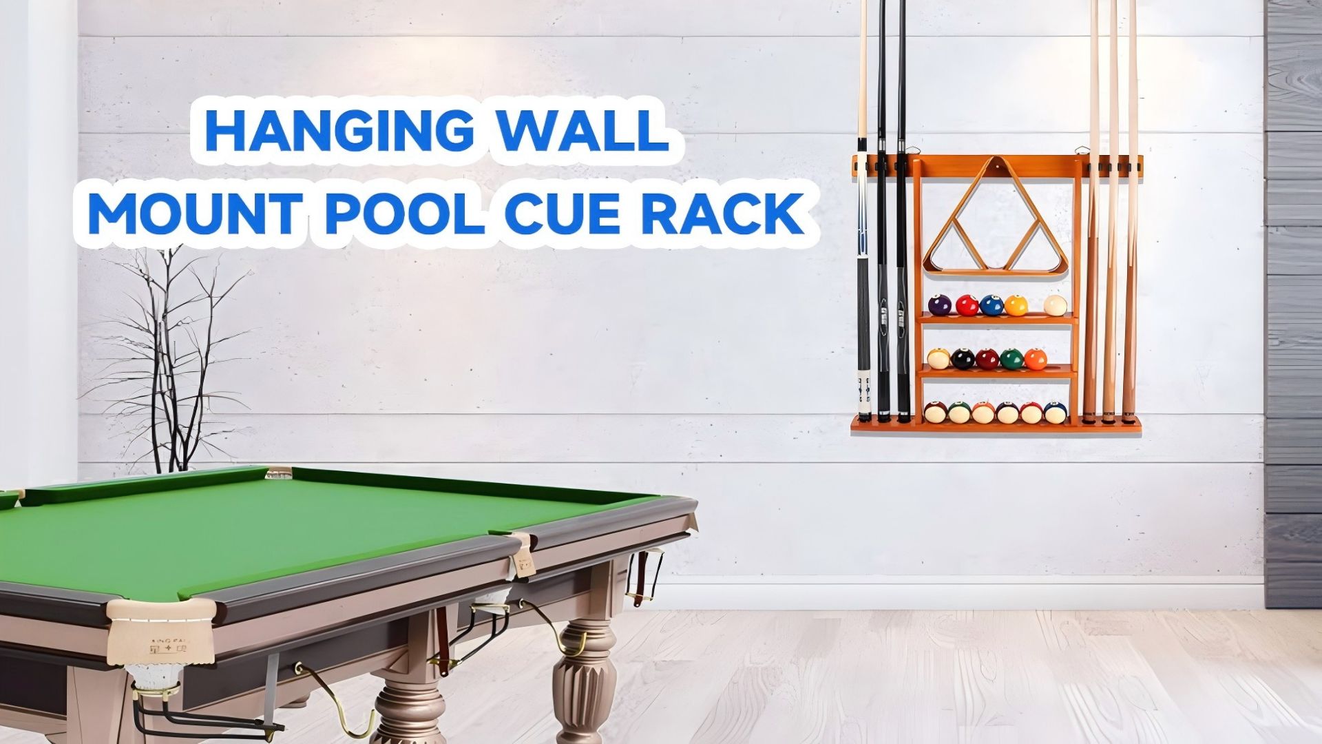 thumbnail video image 2 of GSE Games & Sports Expert Billiard Pool Cue Stick Hanging Wall Mounting Rack. Holds 6 Pool Cue Stick, Billiard Ball Rack and Pool Ball - Oak, 2 of 7