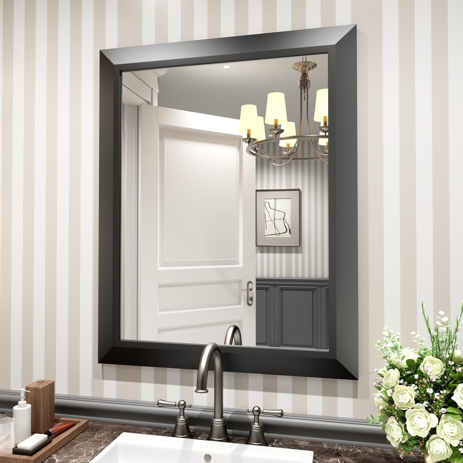 thumbnail video image 2 of GODCHAR Framed Tempered Glass Bathroom Vanity Rectangular Mirror 55"x30", White, 2 of 7