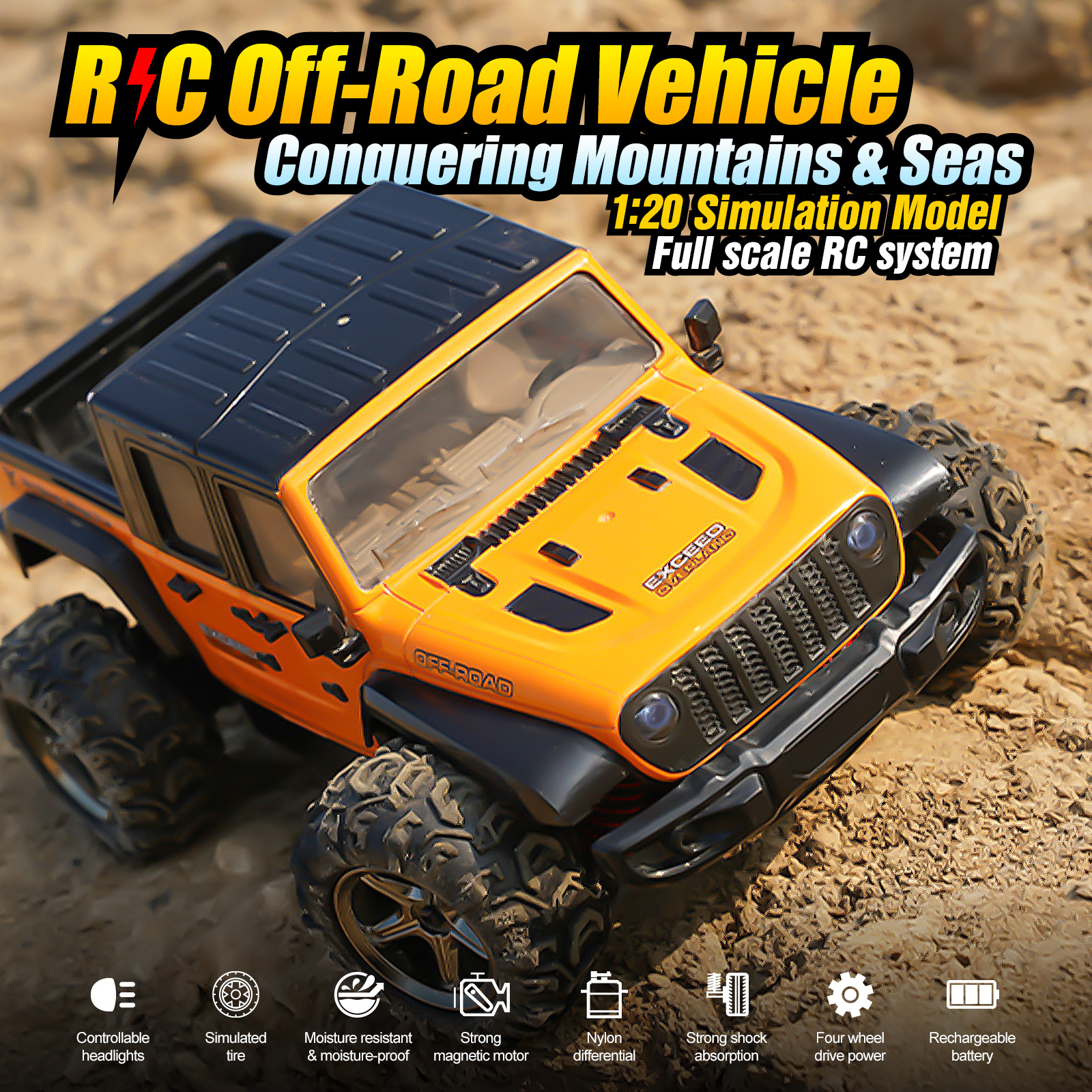 thumbnail video image 2 of RC Off-Road Truck for Kids, 1:20 Full Scale 4WD Remote Control Car, 35+ KM/H High Speed Monster Truck with LED Lights, All Terrain Toy for Boys Girls 6-12, 2 of 14