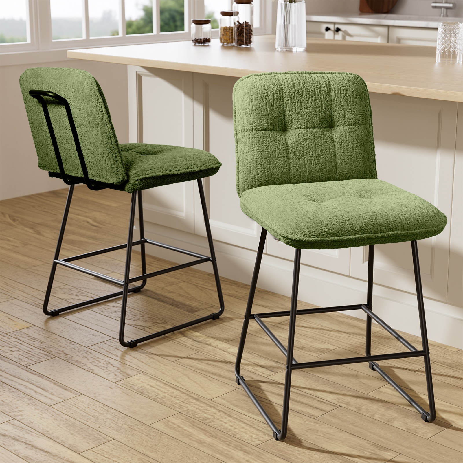 thumbnail video image 2 of Ninecer Counter Height Bar Stools Set of 2, 26 Inch Upholstered Bar Stools with Low Back, Boucle Fabric Square Seat Bar Chairs with Metal Legs and Footrest, Bar Stools for Home Kitchen Bar, Green, 2 of 8