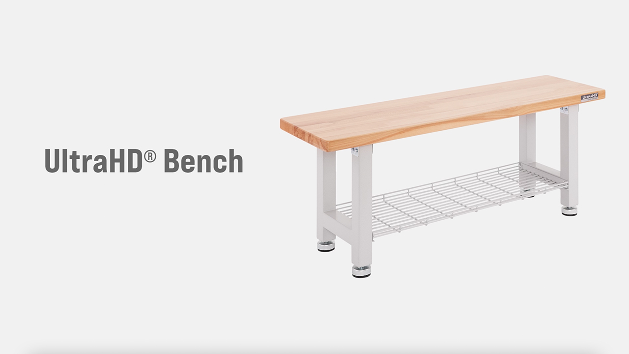 thumbnail video image 2 of Seville Classics UltraHD® 48" Wood Seating Bench with Storage Shelf, Granite, 2 of 9