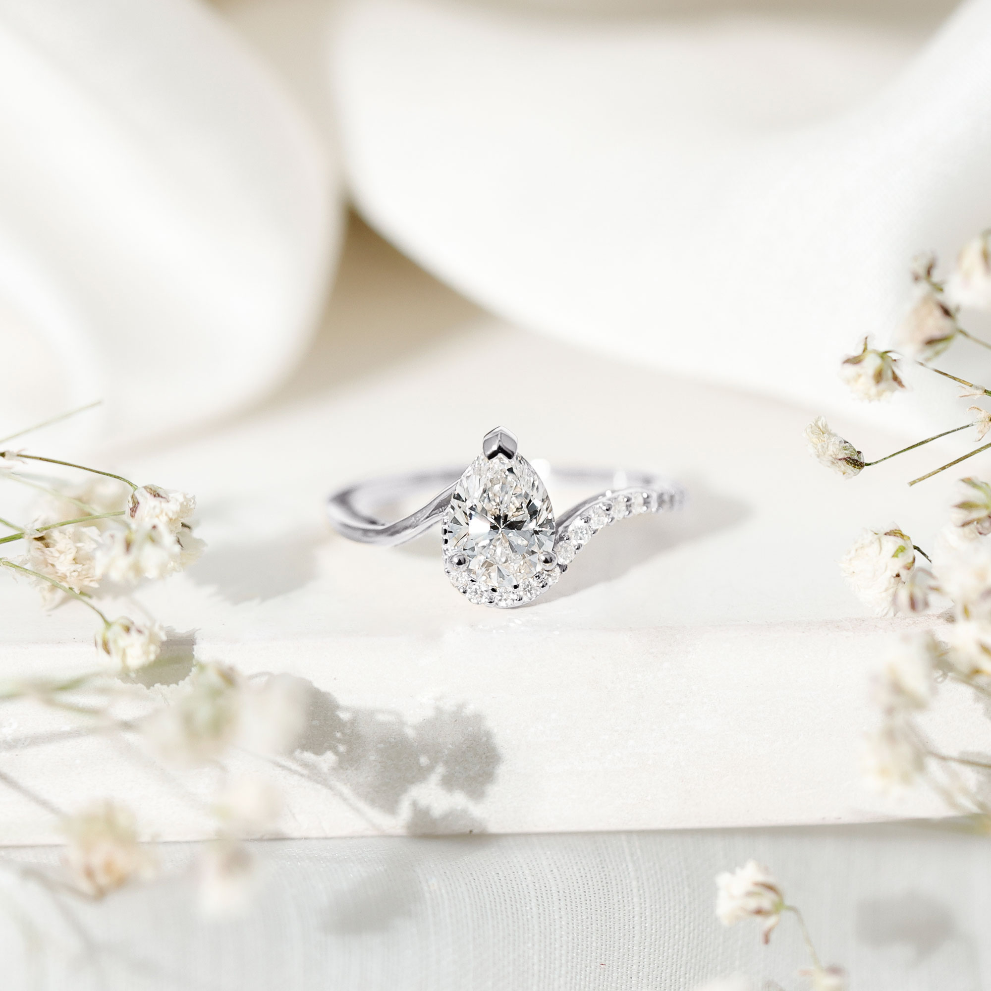 thumbnail video image 2 of Rosec Jewels 1.47 Carat Pear Moissanite Engagement Ring 925 Silver (6x8 mm) D-VS1 Quality Certified Moissanite Bypass Ring for Women, US 5.00, 2 of 9