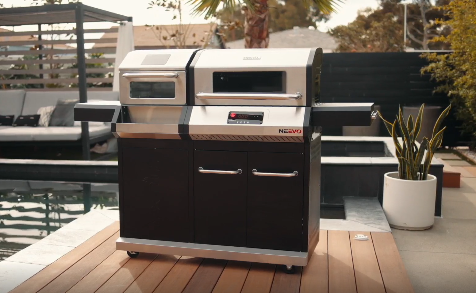 thumbnail video image 2 of Neevo 44,000 BTU Propane Gas Grill with Built-in Air Fryer, 714.3 sq in Cooking Area, 2 U-Shaped Burners, Cast Iron Grates, Smart Outdoor BBQ with App Connectivity & Electronic Controls, 720-1055, 2 of 11