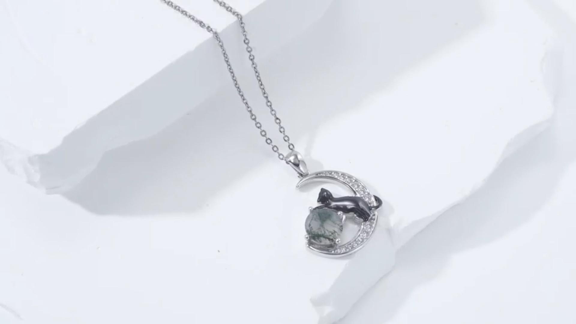 thumbnail video image 2 of Coachuhhar Cat Necklace 925 Sterling Silver Cute Animal Pendant Necklace Moss Agate Jewelry Gifts for Women, 2 of 8
