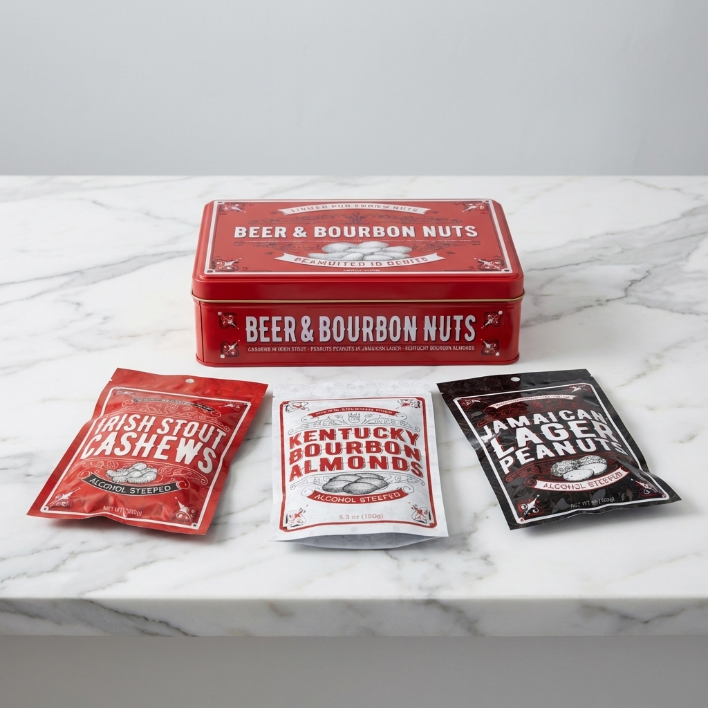 thumbnail video image 2 of Sugar Plum Chocolates Beer Nuts and Bourbon Almonds - Red Gift Tin - 3 Bags Flavored Nuts  - 16 oz. Total, 2 of 9