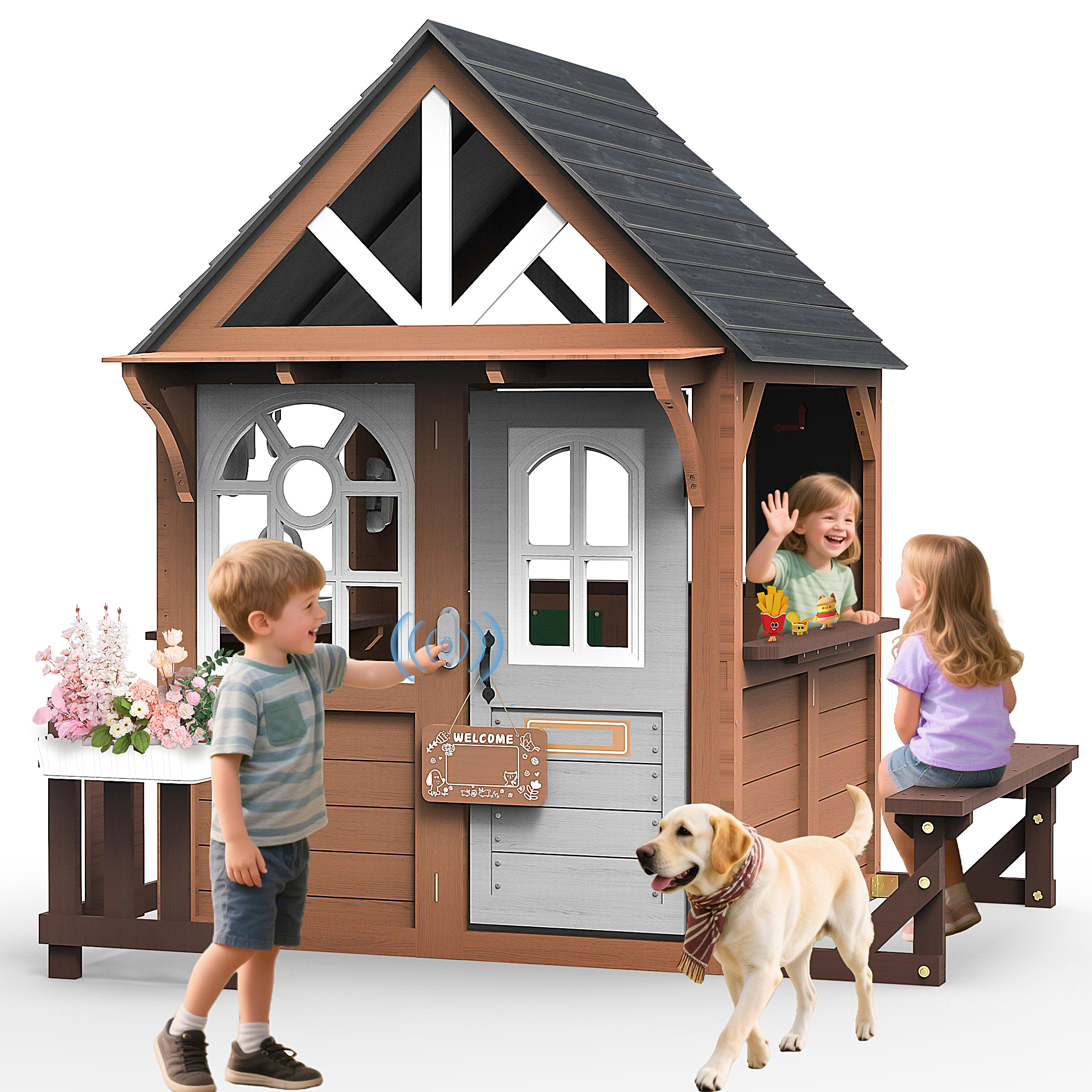 thumbnail video image 2 of iYofe Outdoor Playhouse for Kids 3+, Wood Kids Playhouse with Full Door, Toy Phone, Bench, Planter Pots, Window, Toddler Playhouse Kids Outdoor Playset Equipment for Interactive Play, 2 of 9