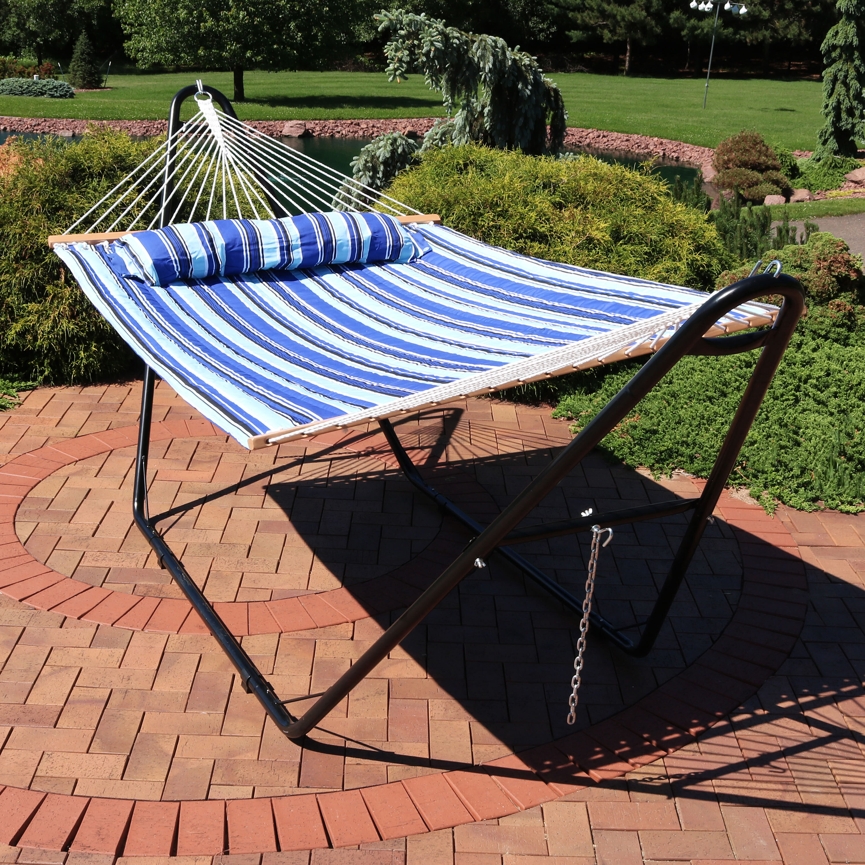 thumbnail video image 2 of Sunnydaze 2-Person Quilted Polyester Spreader Bar Hammock with Stand, 450 lb Capacity - Misty Beach, 2 of 15