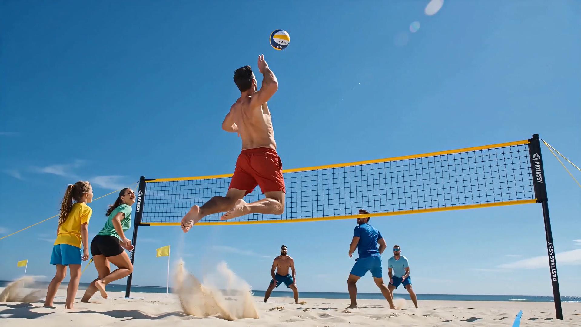 thumbnail video image 2 of Patiassy 32/26/20FT Adjustable Height & Width Portable Volleyball Net Set with Rust-Resistant Steel Poles, Scoreboard, Ball & Carry Bag for Backyard, 2 of 8