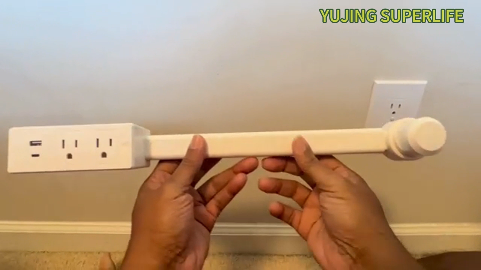 thumbnail video image 2 of YUJING SUPERLIFE 2 pack Outlet Extender with 2 AC Sockets, USB-A and USB-C, 180° Rotatable Power Plug Expander for Hard-to-Reach Wall Outlets (22-34 Inch), 2 of 6