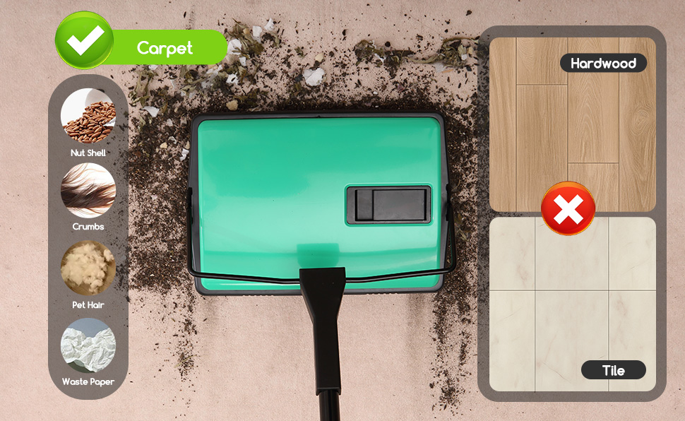 thumbnail video image 2 of Eyliden New Upgrade Manual Carpet Sweeper with Extra Replaceable Roller Brush, L size, Green, 2 of 7