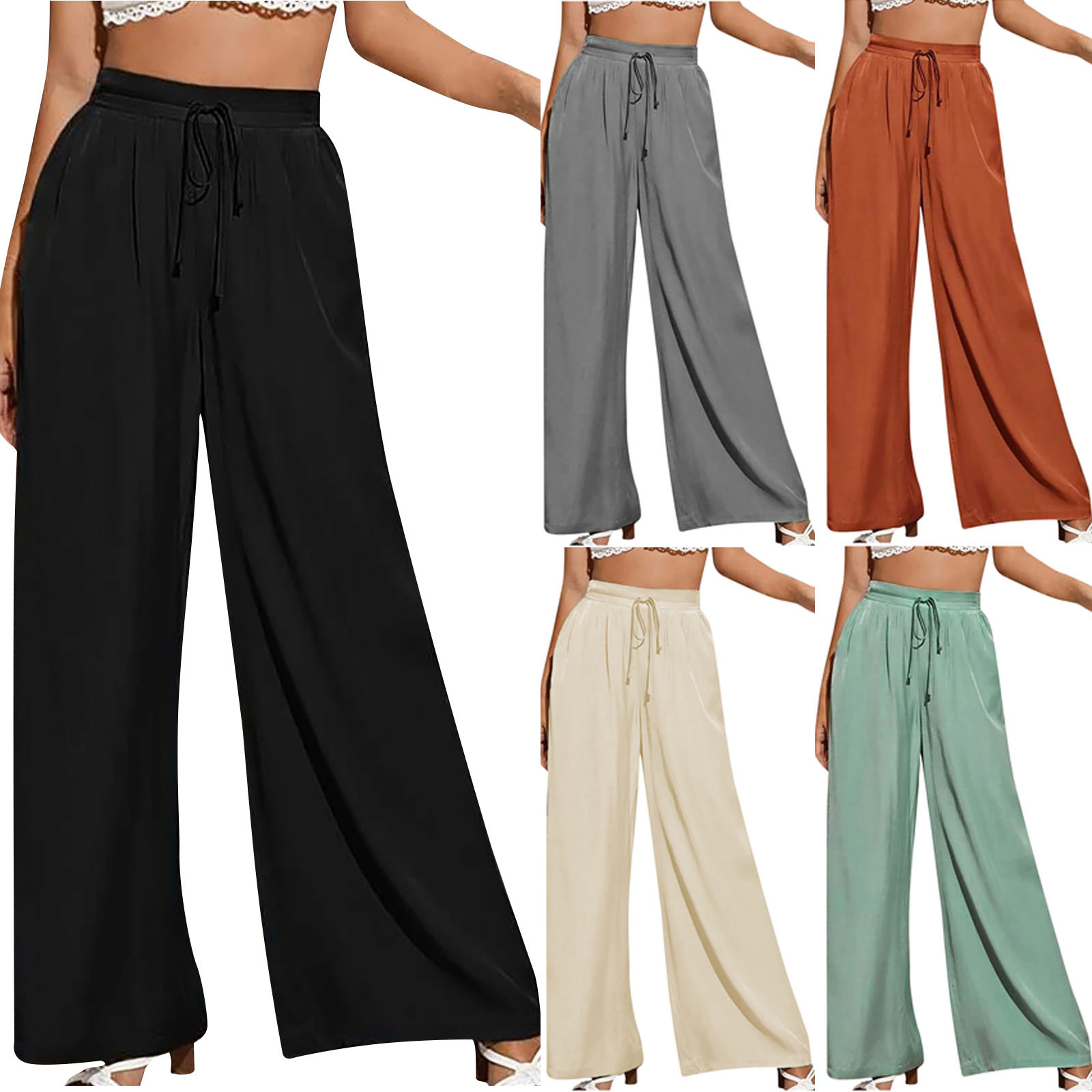thumbnail video image 2 of WREESH Womens Wide Leg Long Palazzo Pants Fashion Summer Casual Loose Pocket Solid Trousers Pants Green, 2 of 2