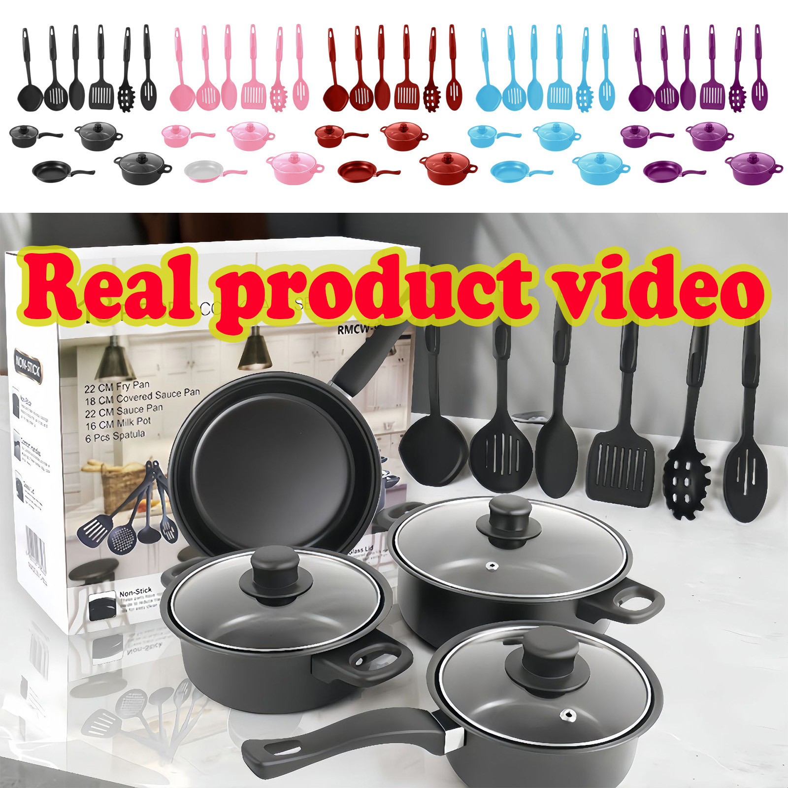 thumbnail video image 2 of 13-Piece Cookware Set, Soup Pot, Milk Pan, Frying Pan, Non-Stick Spatulas, Cast Iron with Non-stick Coating Multi-Piece Kitchen Set for Home Cooking & Meal Prep by HAODEJW, 2 of 10