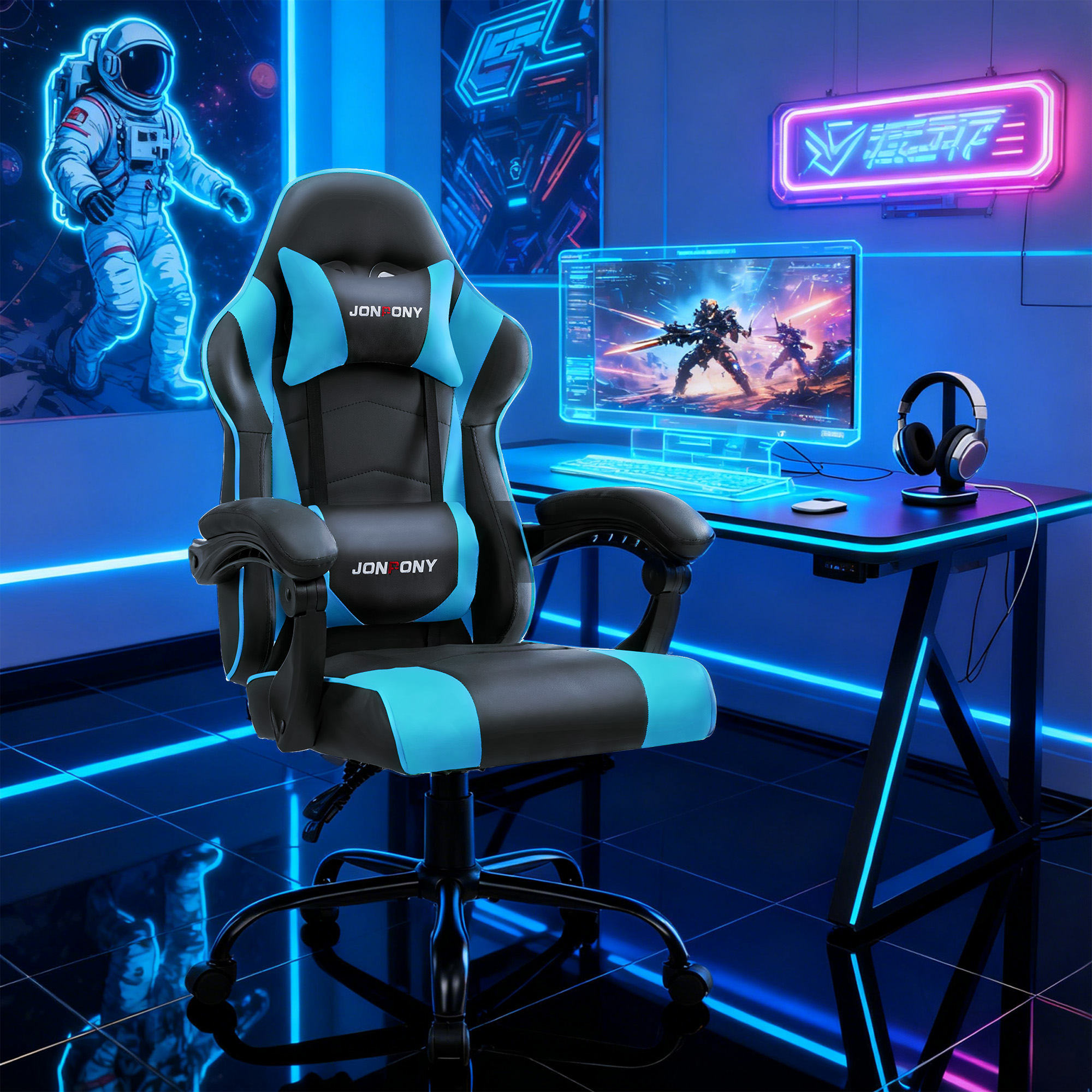 thumbnail video image 2 of JONPONY Ergonomic Gaming Chairs,Office Chair,High Back Computer Chair,Adjustable 360° Swivel  Chair with Headrest and Lumbar Support ,BLUE, 2 of 10