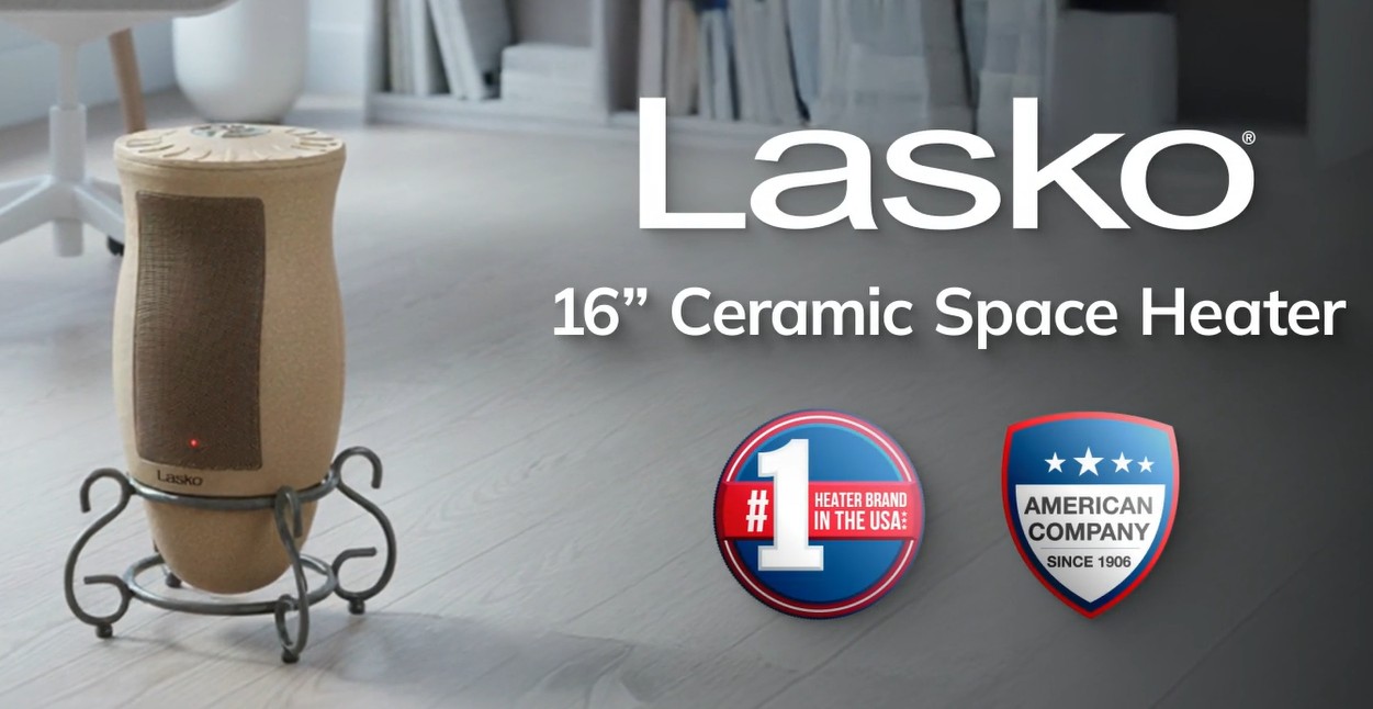 thumbnail video image 2 of Lasko 16" 1500W Designer Series Ceramic Electric Space Heater with Remote, Beige, 6435, 2 of 12