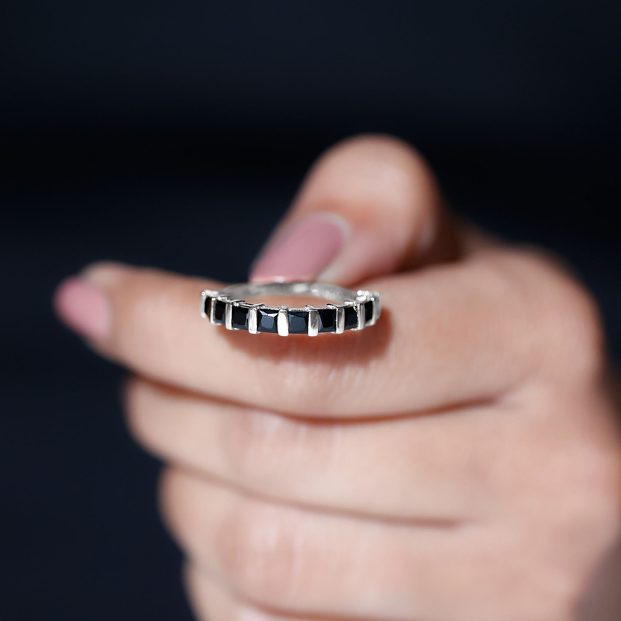 thumbnail video image 2 of Rosec Jewels Princess Cut Black Onyx Half Eternity Ring for Women (1.75 CT, AAA Quality), 14K Yellow Gold, US 7.50, 2 of 9