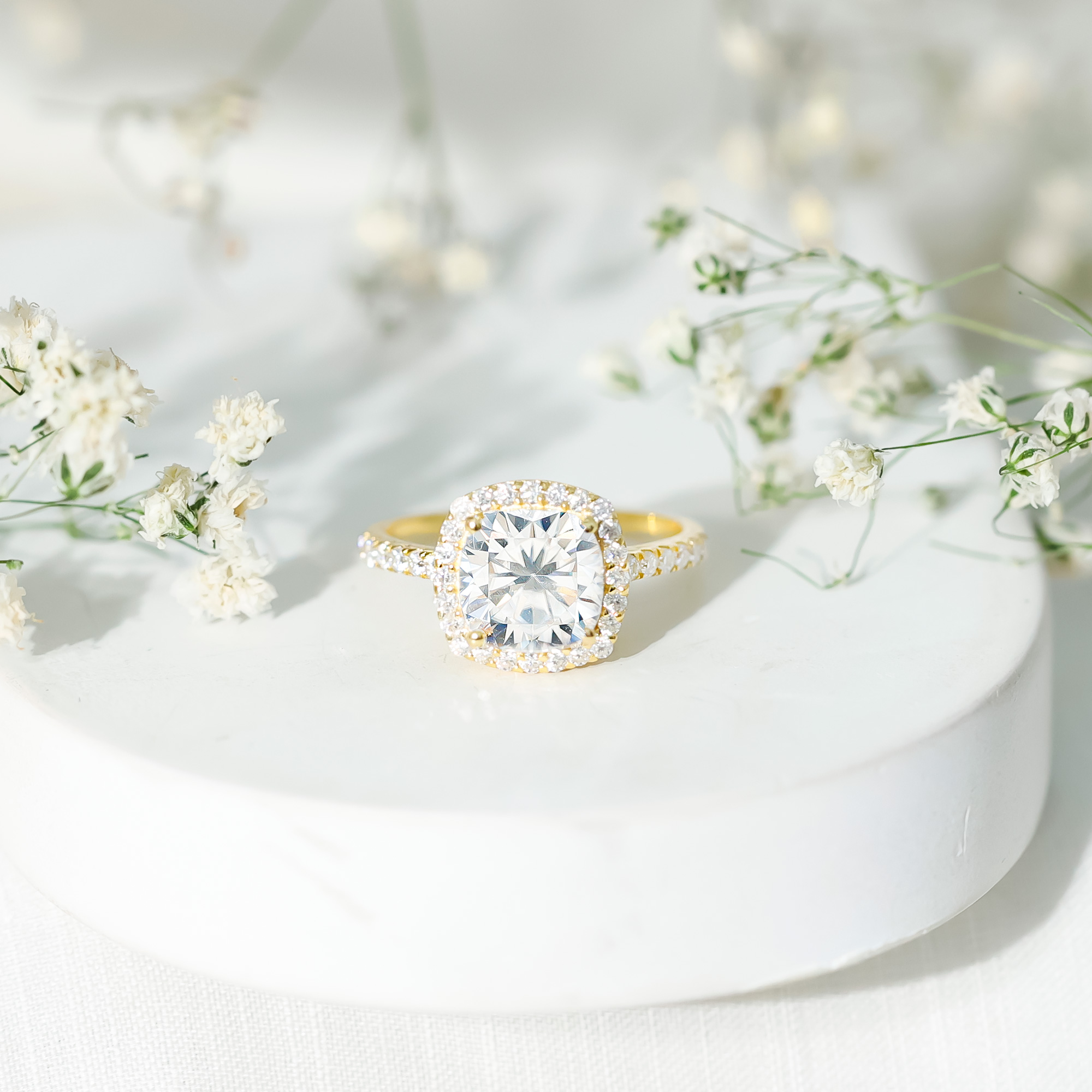 thumbnail video image 2 of Rosec Jewels - Cushion Cut Moissanite Halo Engagement Ring (3.82 Ct, D-VS1 Quality) - Gold Plated Moissanite Statement Ring for Women, US 8.00, 2 of 8