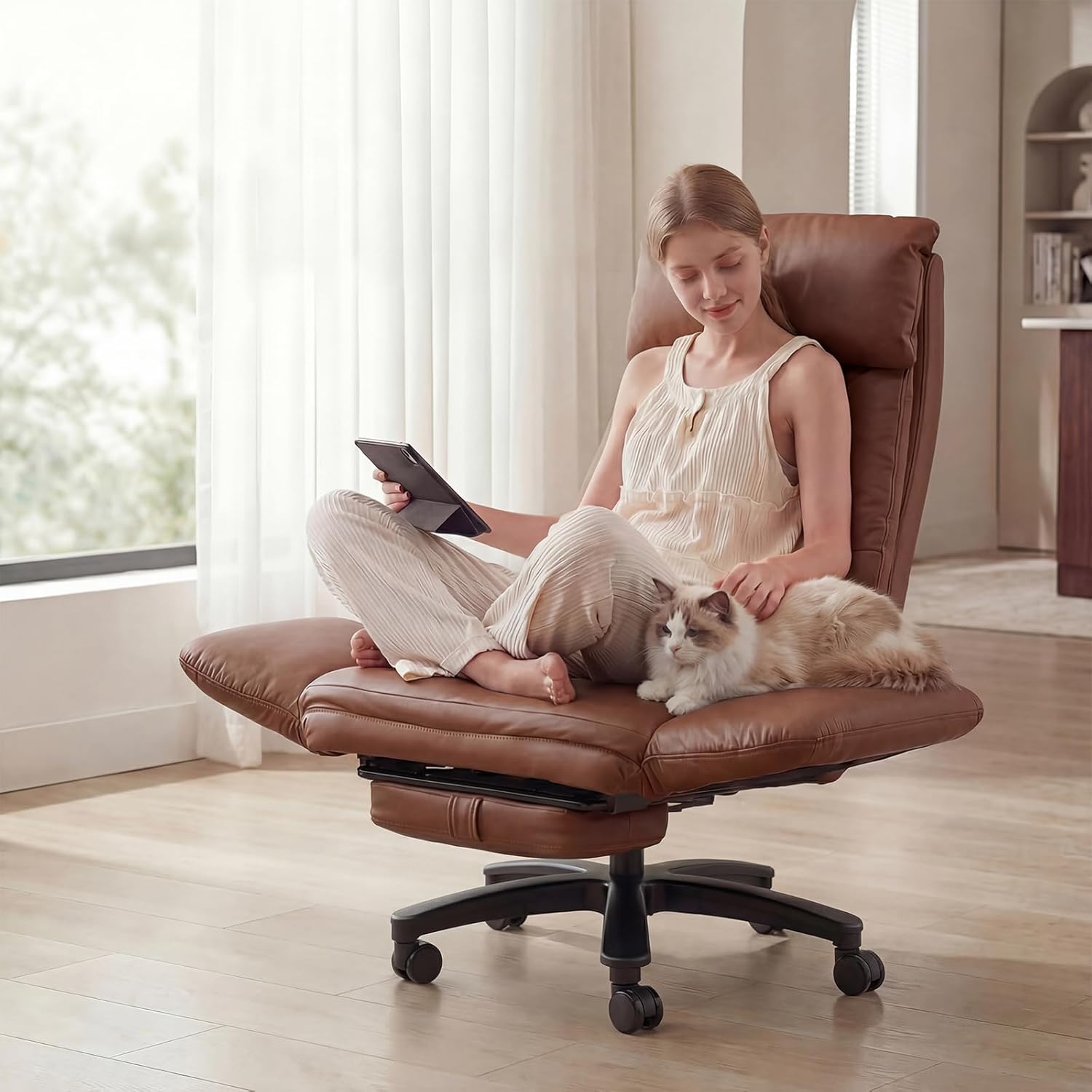 thumbnail video image 2 of Genpo Criss Cross Desk Chair, Cross Legged Office Chair with Wheels, Black Leather Big and Tall Reclining Office Chair 500lbs with Foot Rest, Reversible Armrests & Wide Seat, 2 of 11